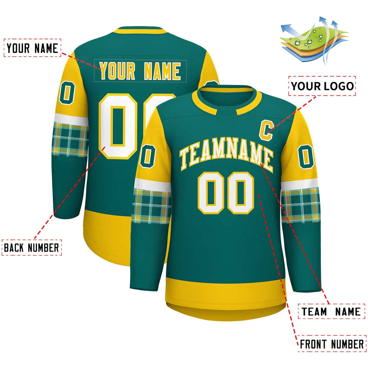 Custom Aqua Gold Personalized Raglan Sleeves Round-Neck Hockey Jersey | KXKSHOP