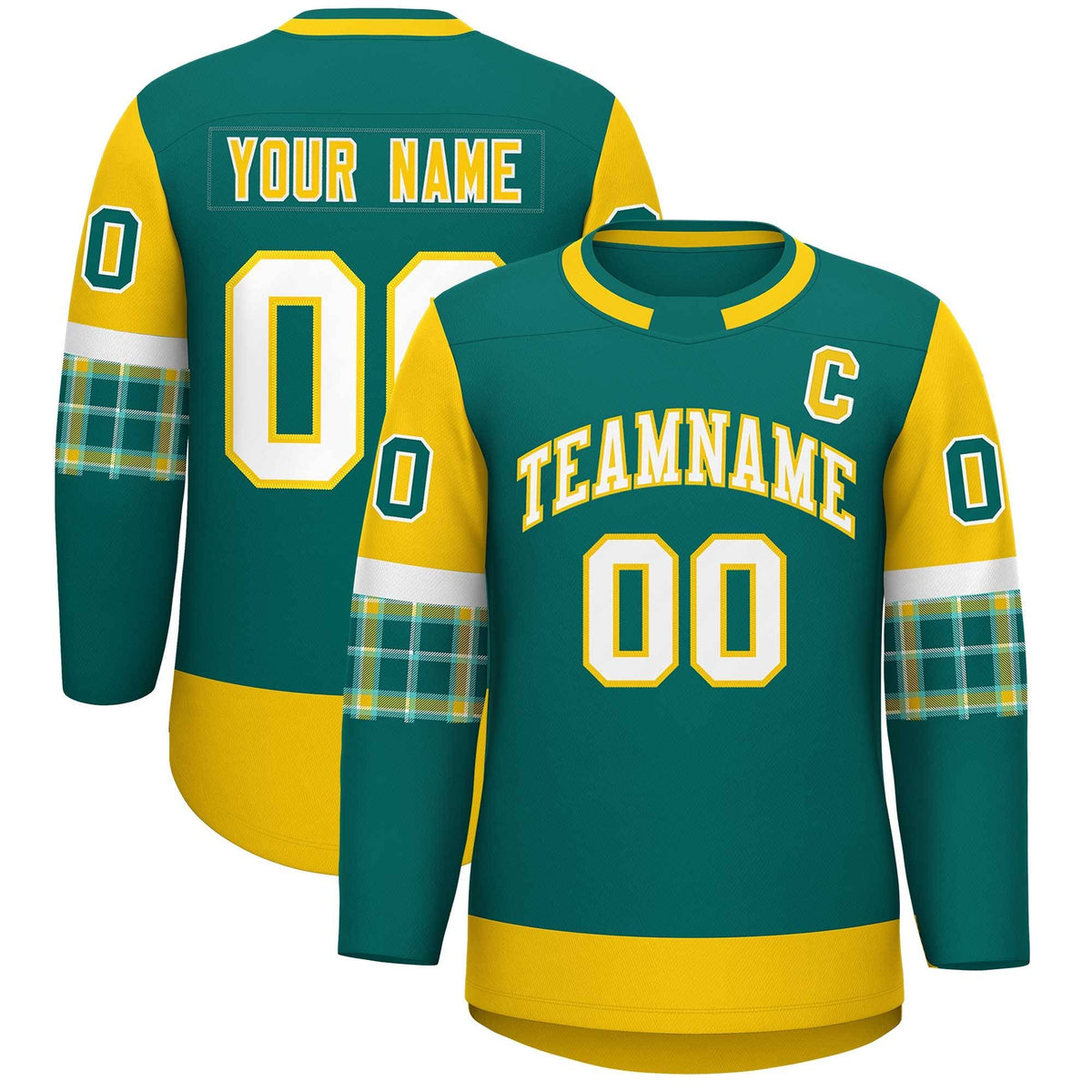 Custom Aqua Gold Personalized Raglan Sleeves Round-Neck Hockey Jersey | KXKSHOP
