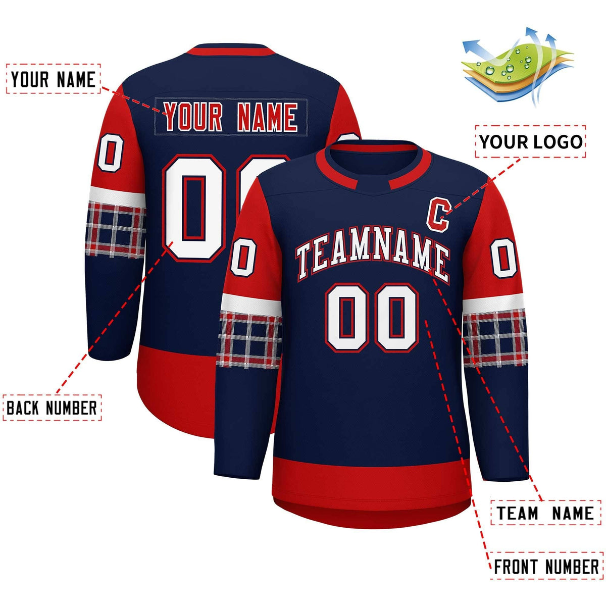 Custom Navy Red Personalized Raglan Sleeves Round-Neck Hockey Jersey | KXKSHOP