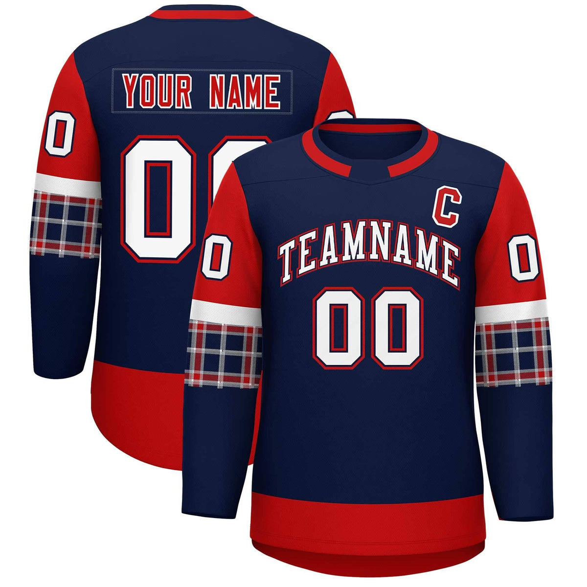 Custom Navy Red Personalized Raglan Sleeves Round-Neck Hockey Jersey | KXKSHOP