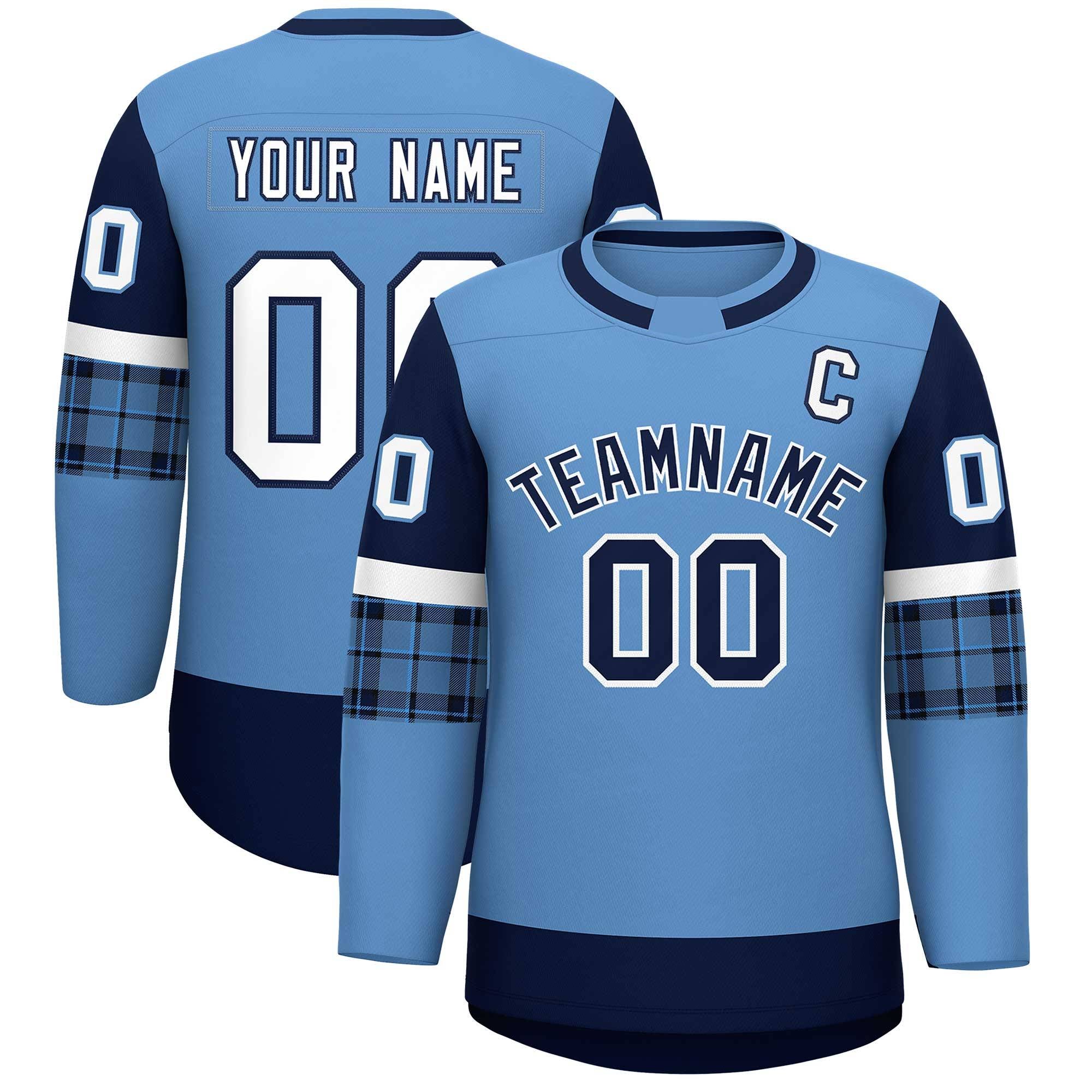 Custom Light Blue Navy Personalized Raglan Sleeves Round-Neck Hockey Jersey | KXKSHOP