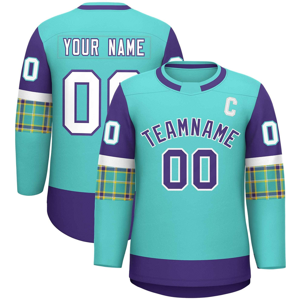 Custom Bright Green Purple Personalized Raglan Sleeves Round-Neck Hockey Jersey | KXKSHOP