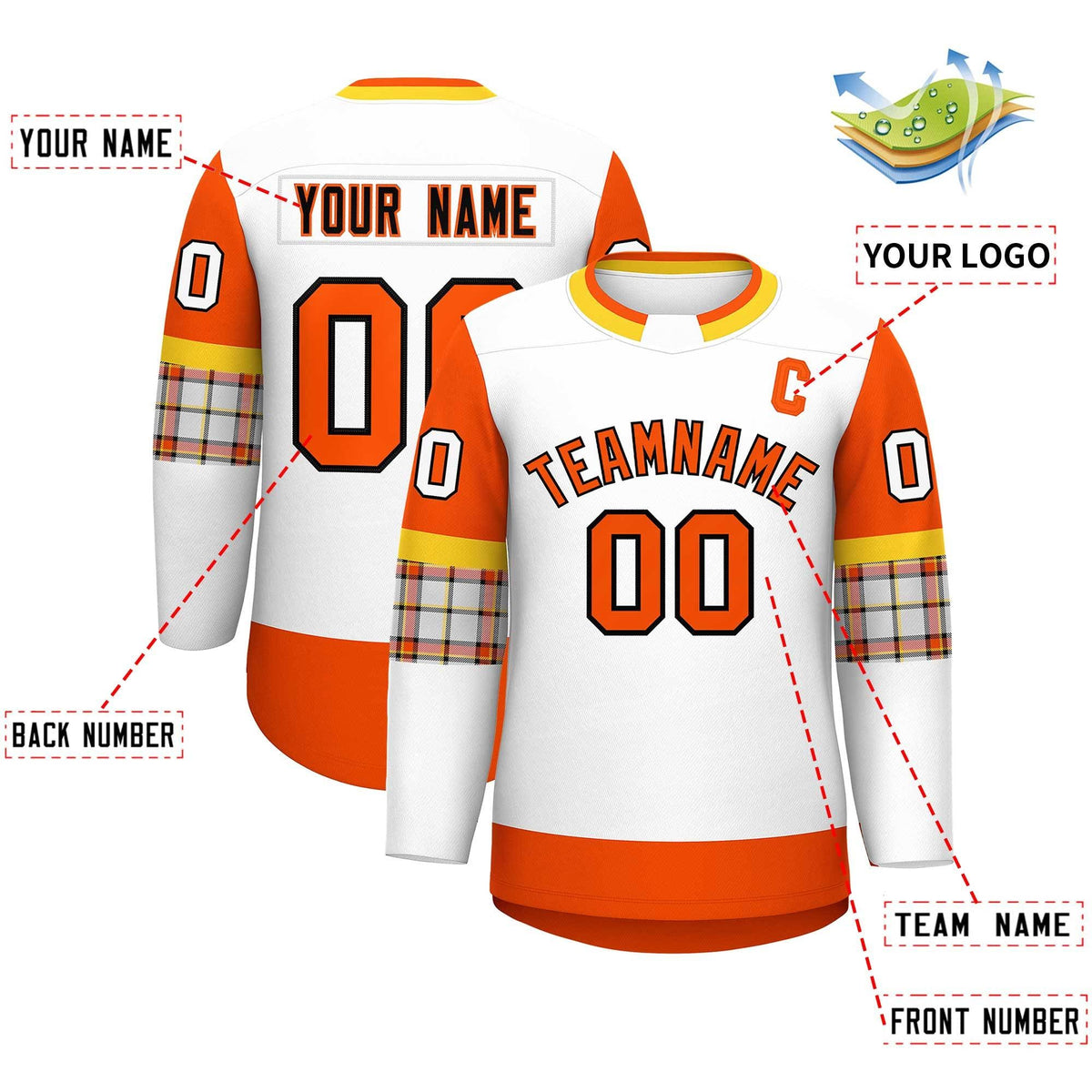 Custom White Orange Personalized Raglan Sleeves Round-Neck Hockey Jersey | KXKSHOP