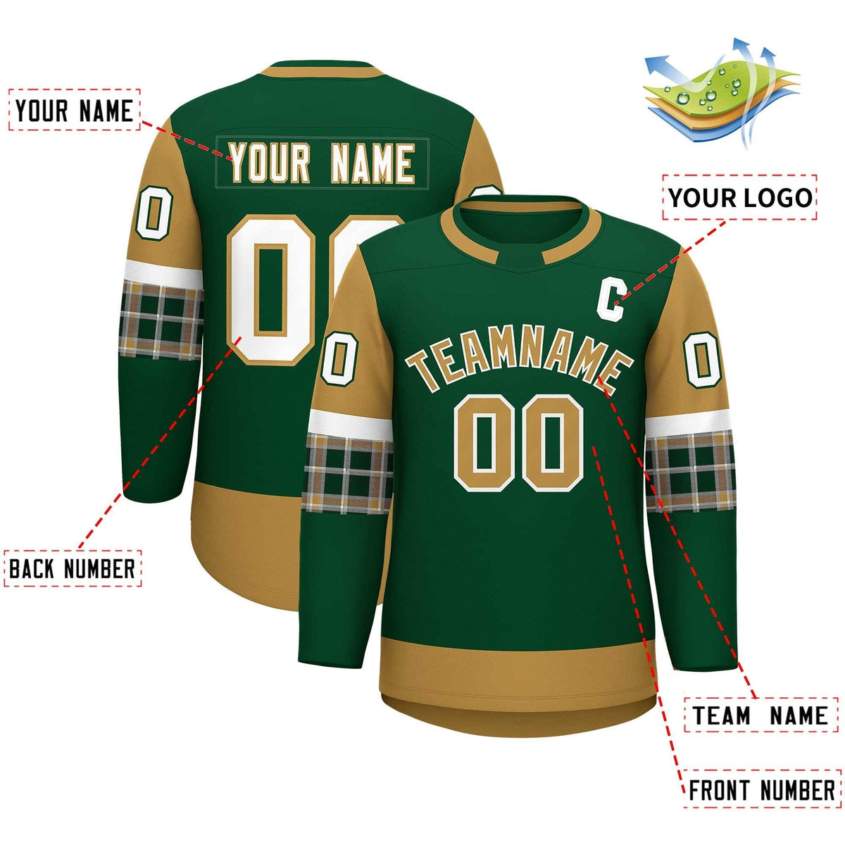 Custom Green Old Gold Personalized Raglan Sleeves Round-Neck Hockey Jersey | KXKSHOP