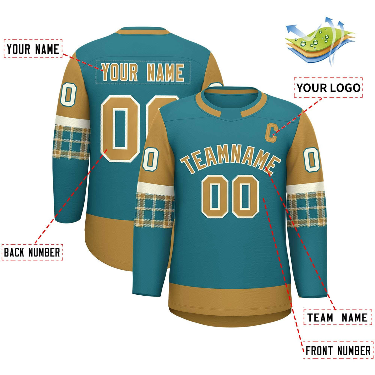 Custom Aqua Old Gold Personalized Raglan Sleeves Round-Neck Hockey Jersey | KXKSHOP