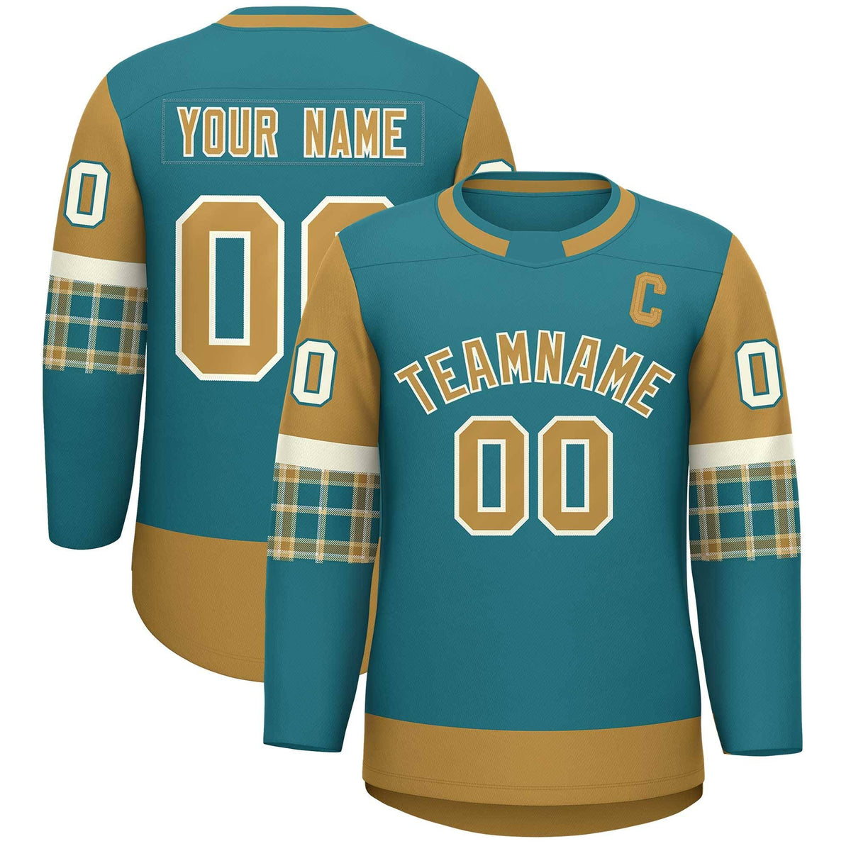 Custom Aqua Old Gold Personalized Raglan Sleeves Round-Neck Hockey Jersey | KXKSHOP