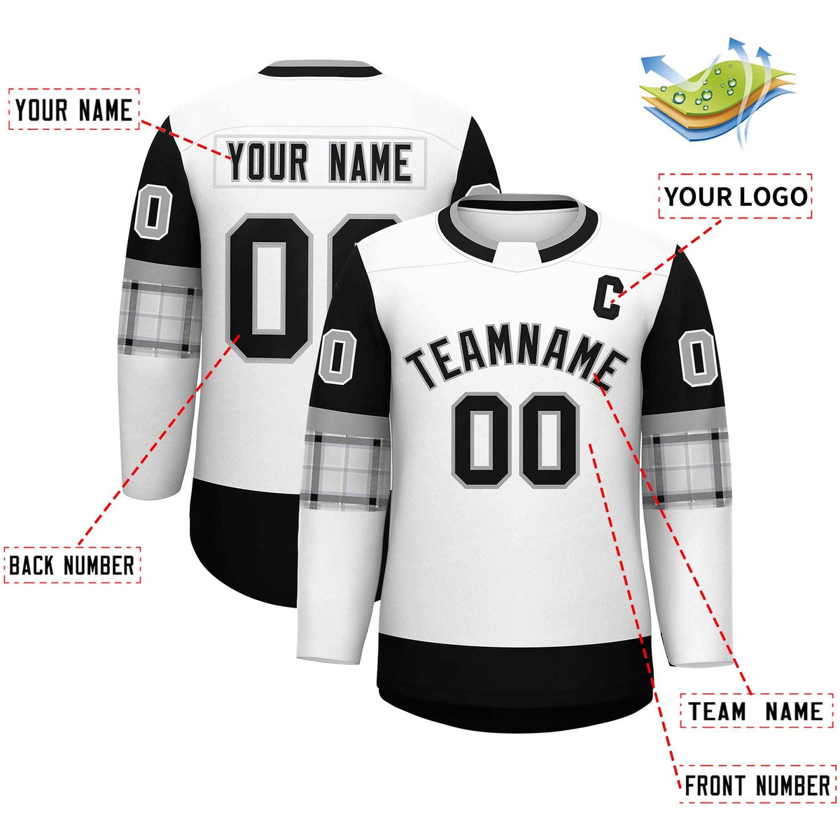 Custom White Black Personalized Raglan Sleeves Round-Neck Hockey Jersey | KXKSHOP