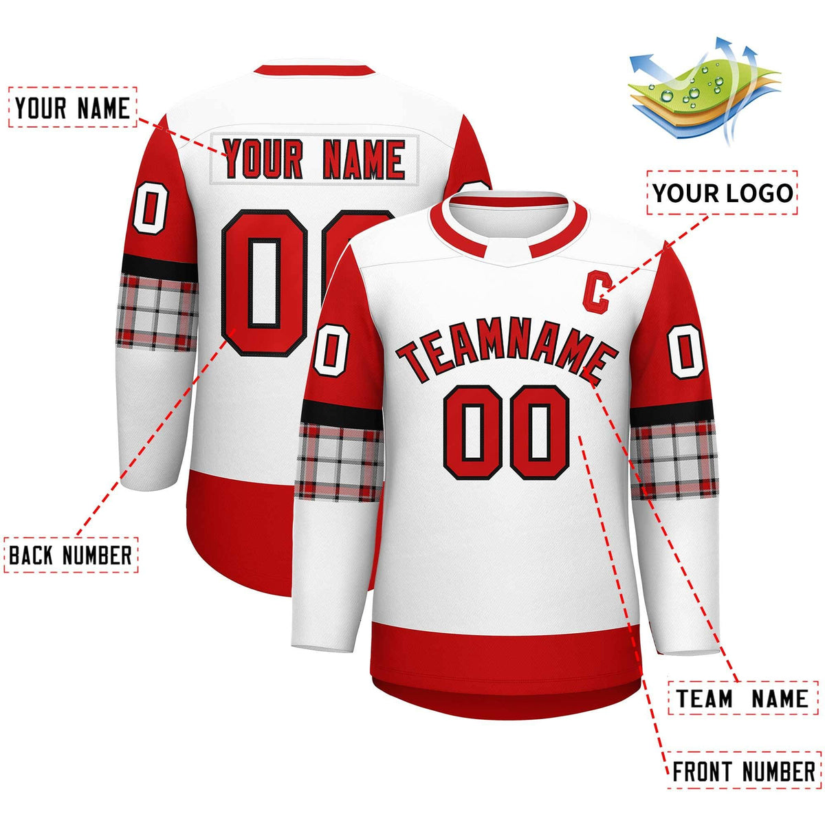 Custom White Red Personalized Raglan Sleeves Round-Neck Hockey Jersey | KXKSHOP