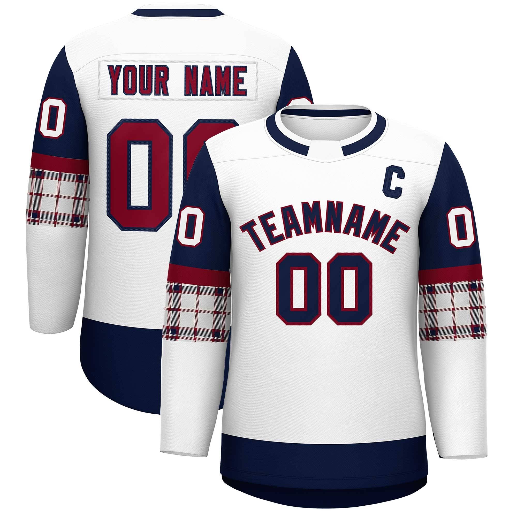 Custom White Navy Personalized Raglan Sleeves Round-Neck Hockey Jersey | KXKSHOP