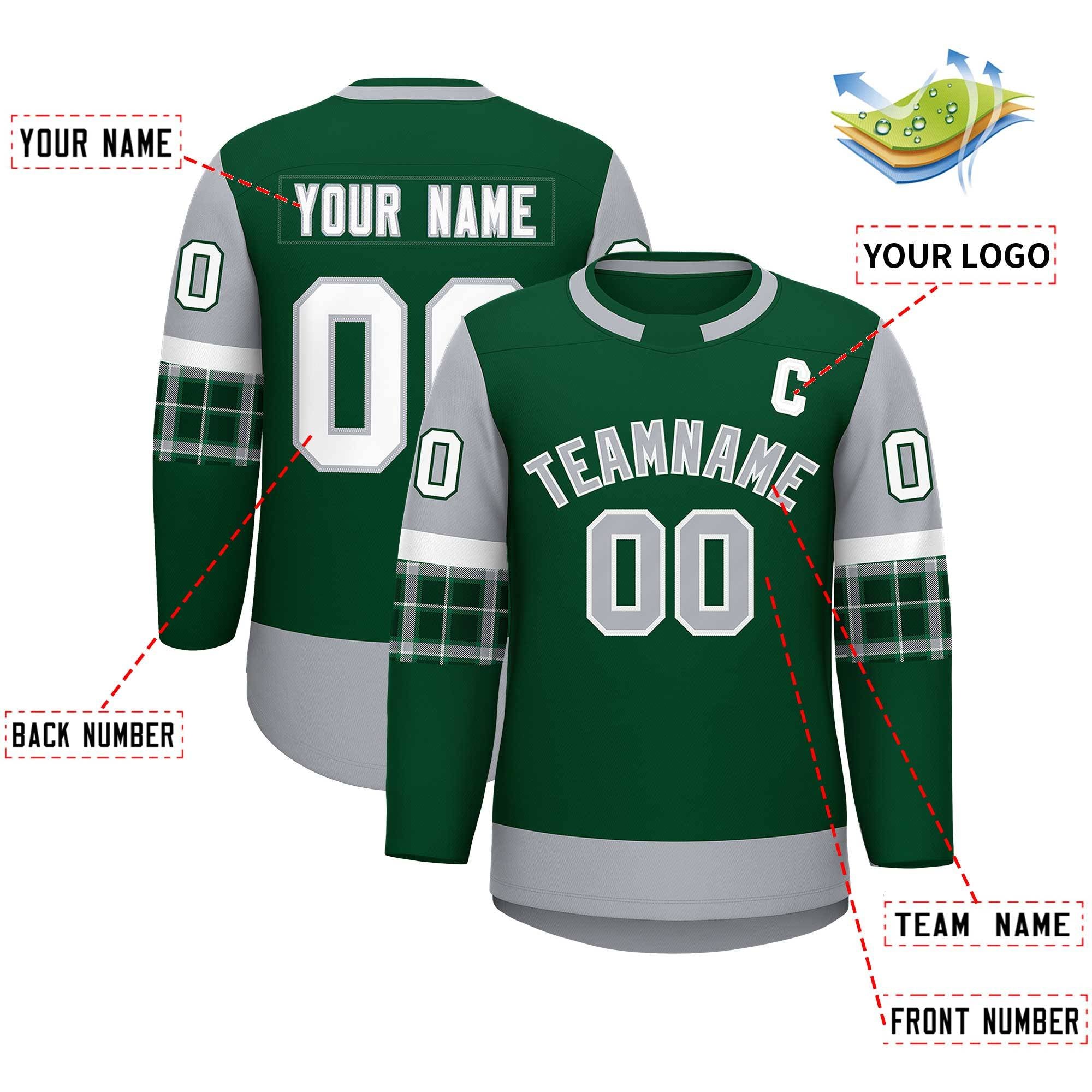 Custom Green Gray Personalized Raglan Sleeves Round-Neck Hockey Jersey | KXKSHOP
