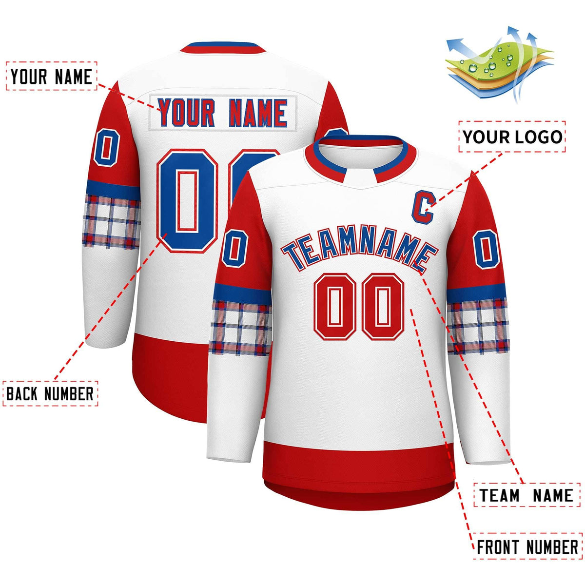 Custom White Red Personalized Raglan Sleeves Round-Neck Hockey Jersey | KXKSHOP