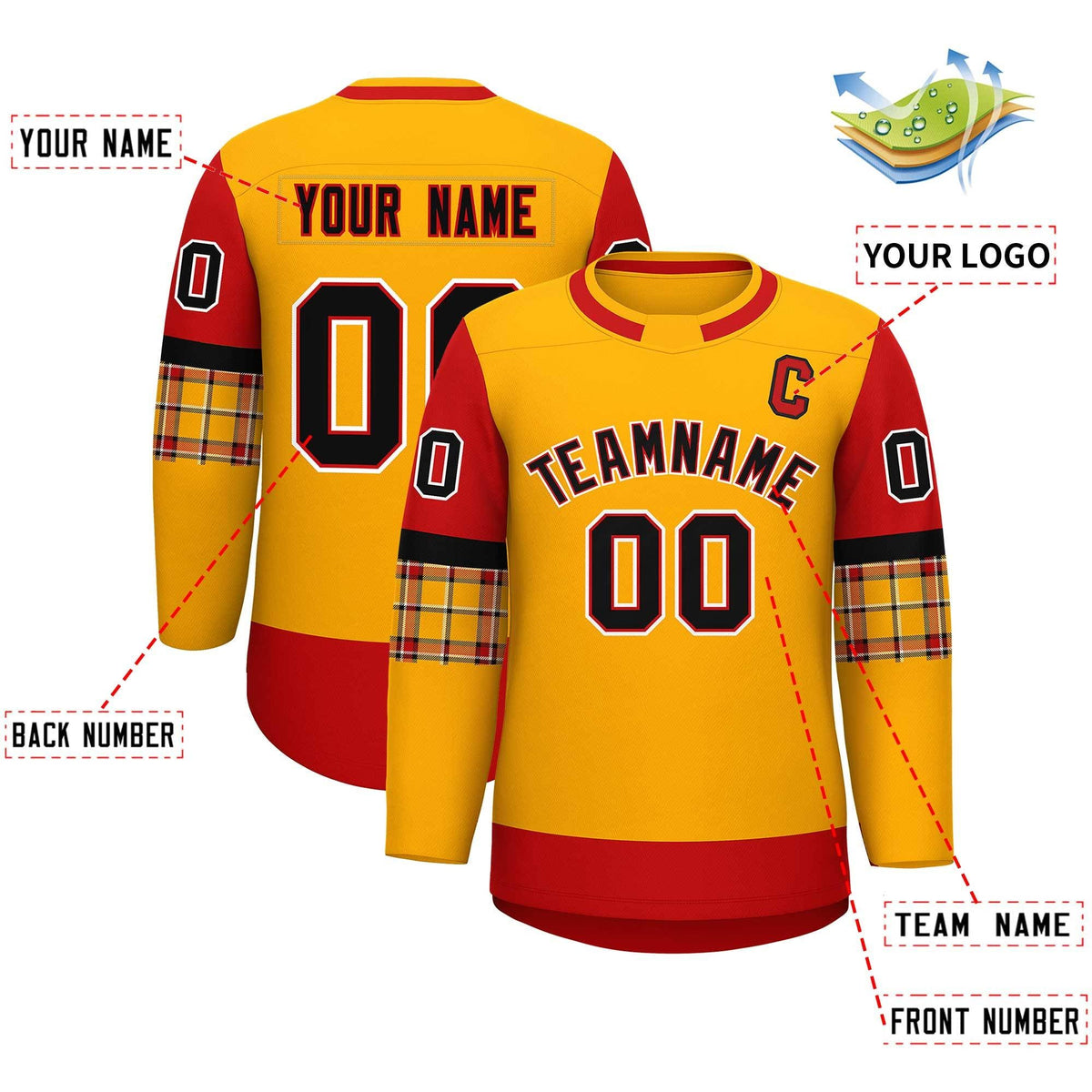 Custom Yellow Red Personalized Raglan Sleeves Round-Neck Hockey Jersey | KXKSHOP