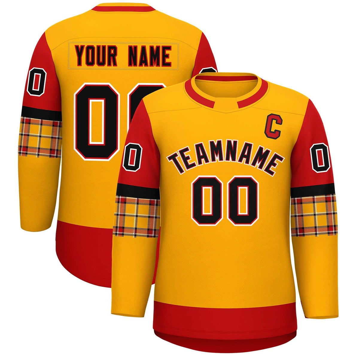 Custom Yellow Red Personalized Raglan Sleeves Round-Neck Hockey Jersey | KXKSHOP