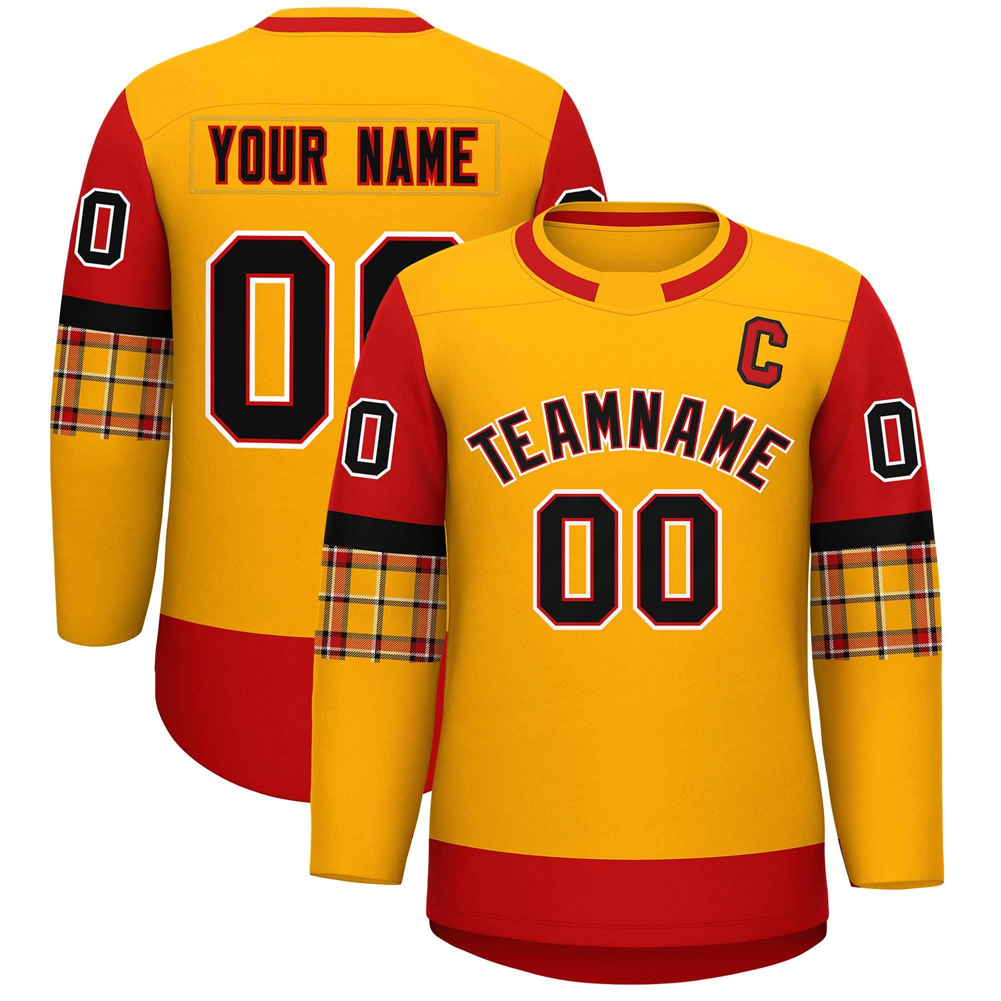 Custom Yellow Red Personalized Raglan Sleeves Round-Neck Hockey Jersey | KXKSHOP
