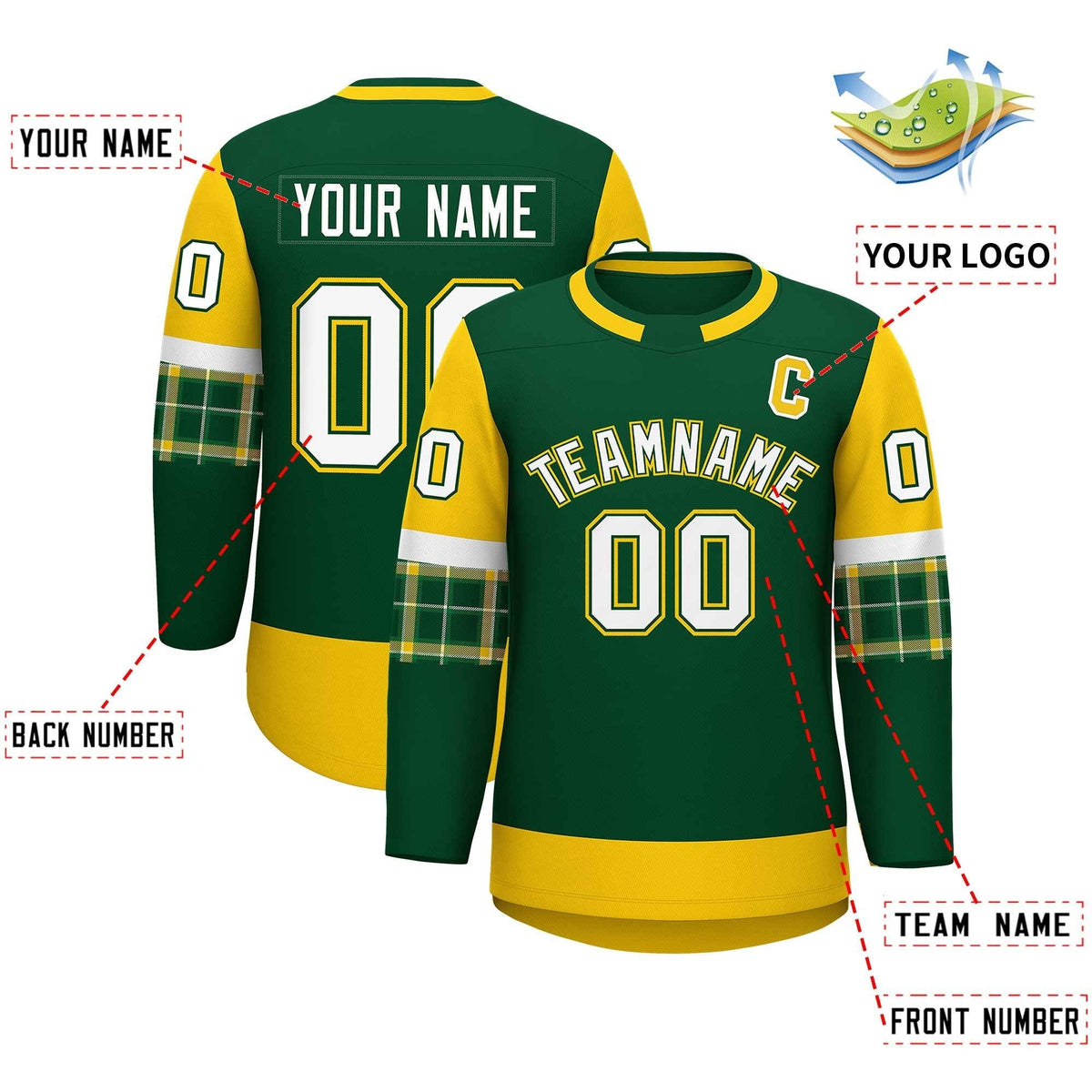 Custom Green Gold Personalized Raglan Sleeves Round-Neck Hockey Jersey | KXKSHOP