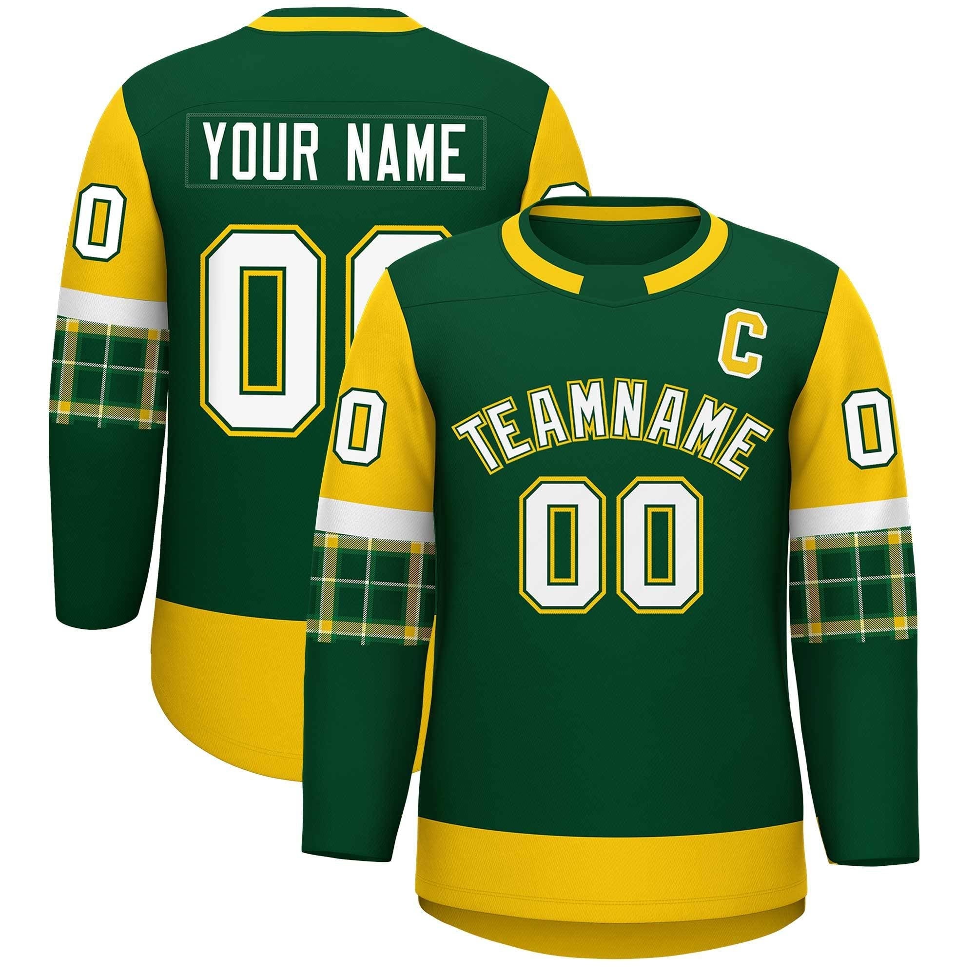 Custom Green Gold Personalized Raglan Sleeves Round-Neck Hockey Jersey | KXKSHOP