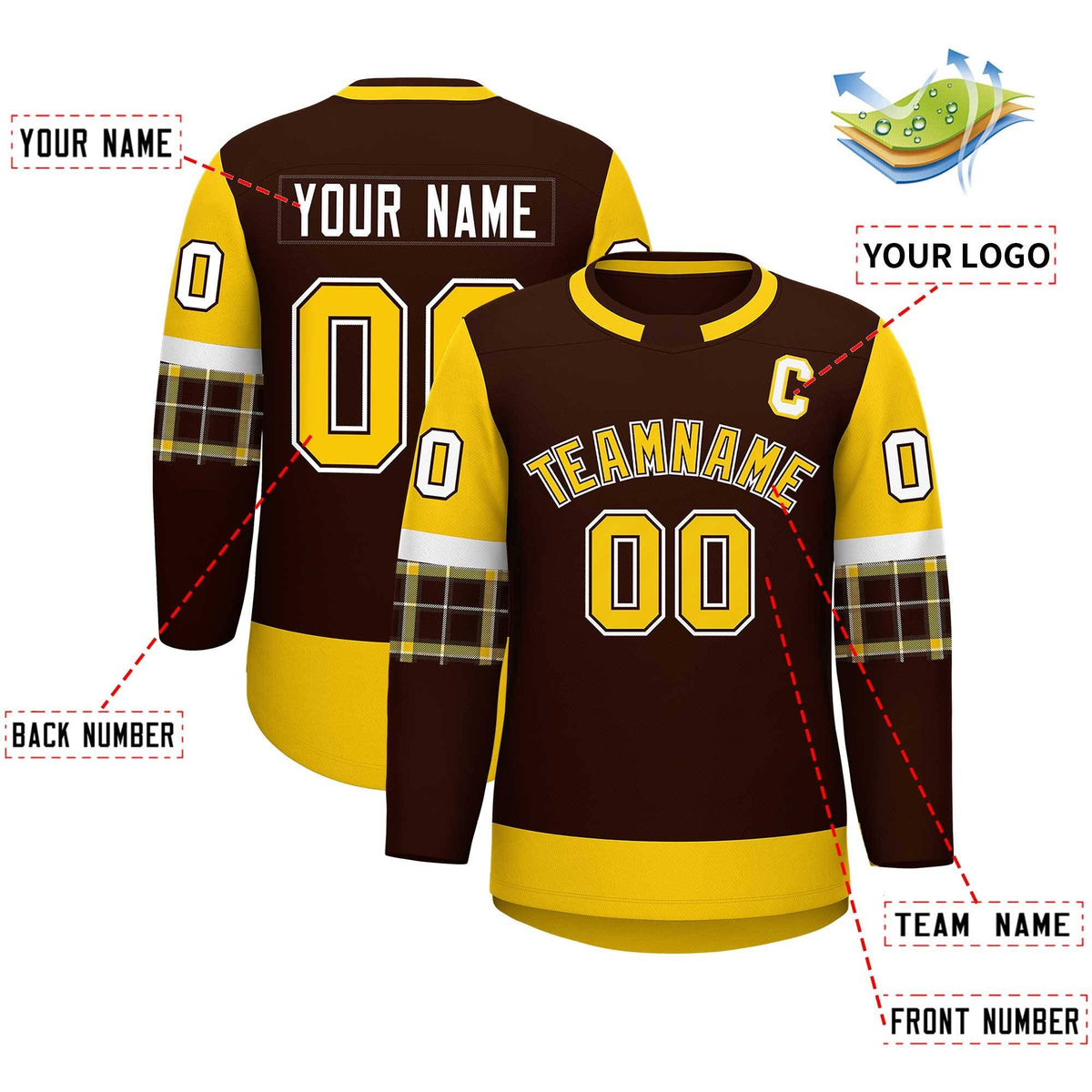 Custom Brown Gold Personalized Raglan Sleeves Round-Neck Hockey Jersey | KXKSHOP