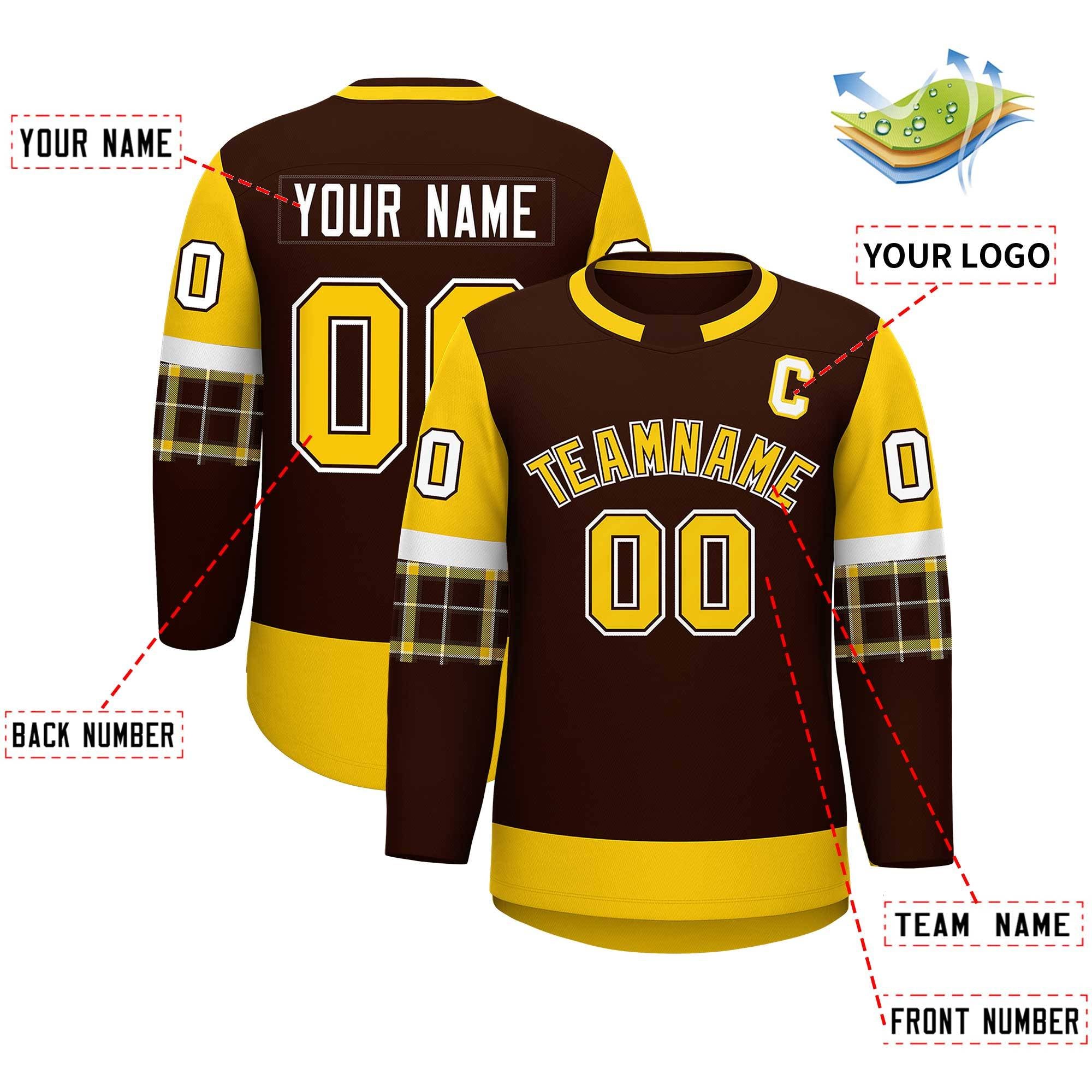 Custom Brown Gold Personalized Raglan Sleeves Round-Neck Hockey Jersey | KXKSHOP