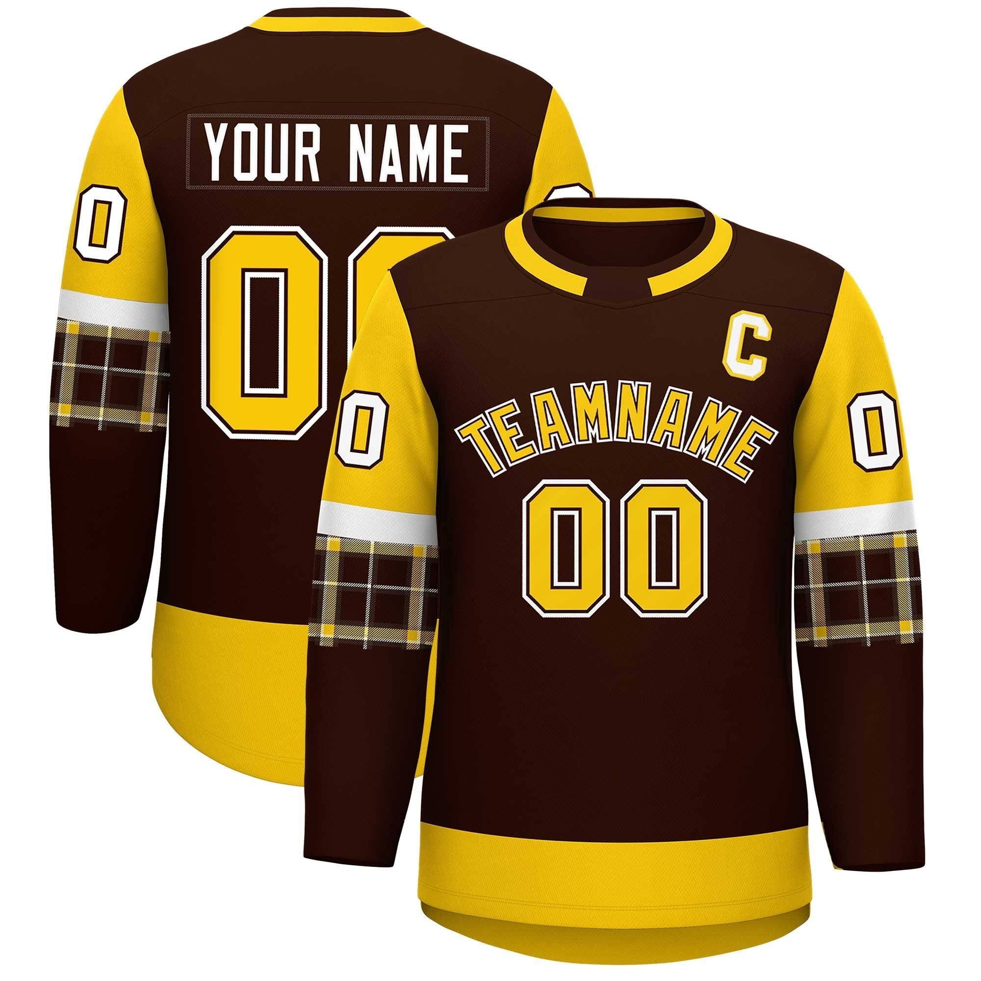 Custom Brown Gold Personalized Raglan Sleeves Round-Neck Hockey Jersey | KXKSHOP