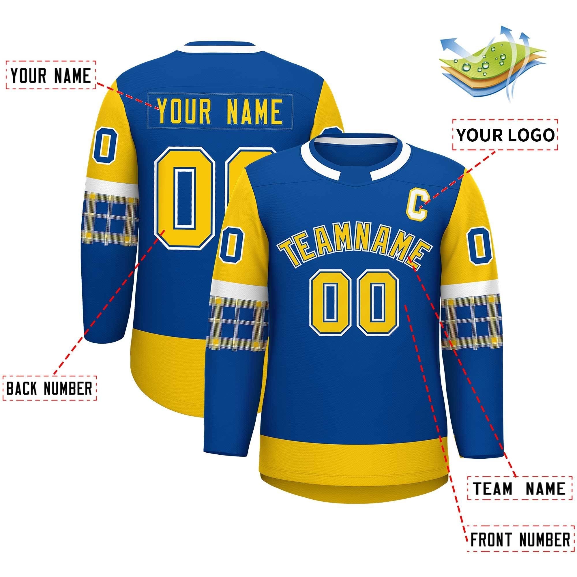 Custom Royal Gold Personalized Raglan Sleeves Round-Neck Hockey Jersey | KXKSHOP