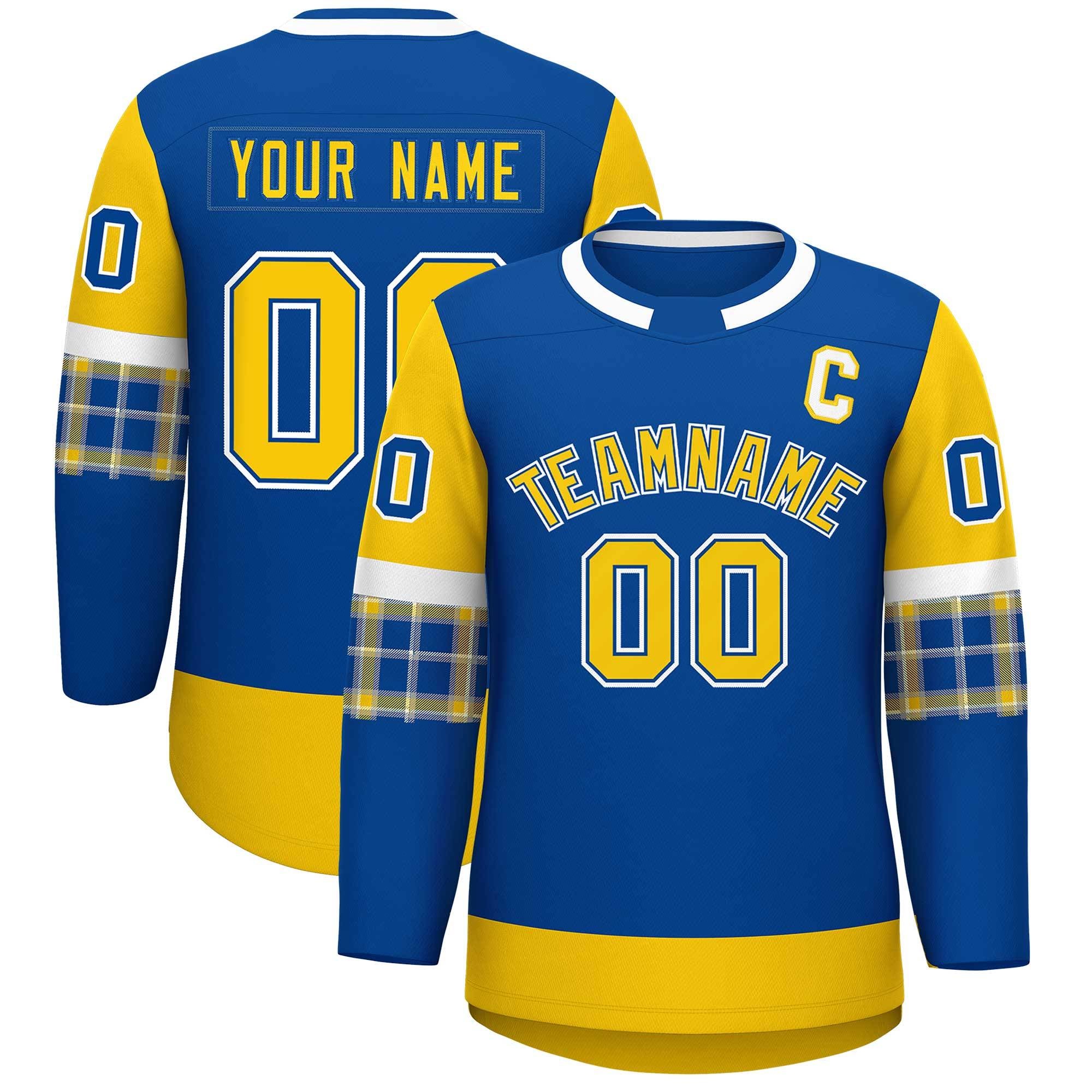 Custom Royal Gold Personalized Raglan Sleeves Round-Neck Hockey Jersey | KXKSHOP