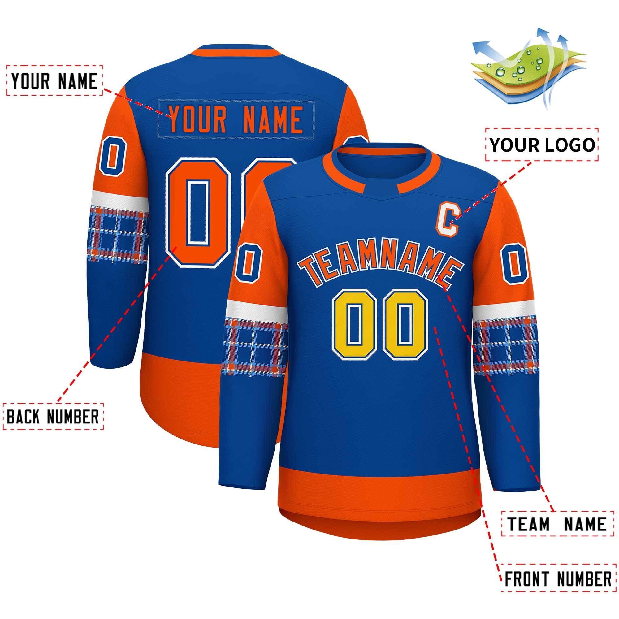 Custom Royal Orange Personalized Raglan Sleeves Round-Neck Hockey Jersey | KXKSHOP