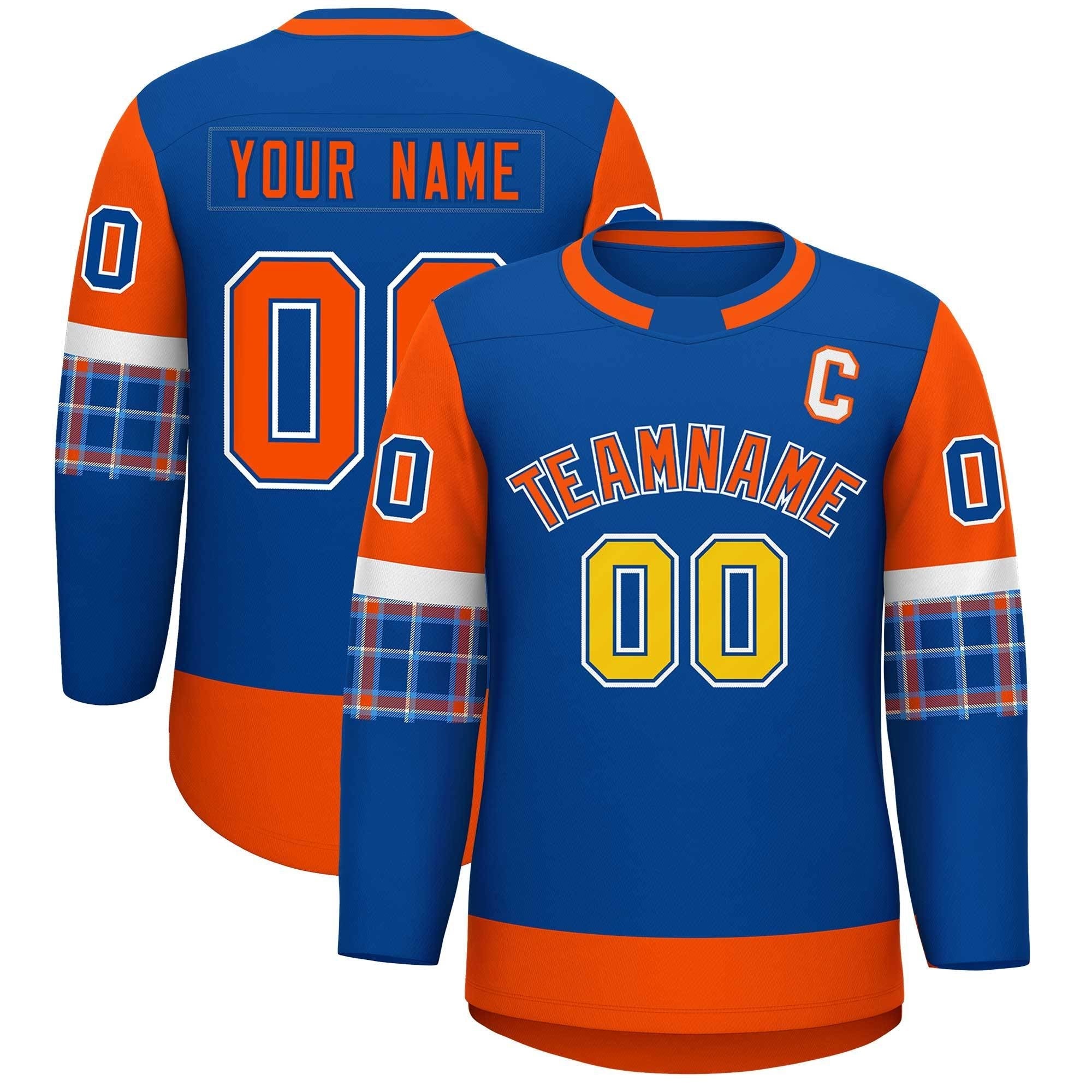 Custom Royal Orange Personalized Raglan Sleeves Round-Neck Hockey Jersey | KXKSHOP
