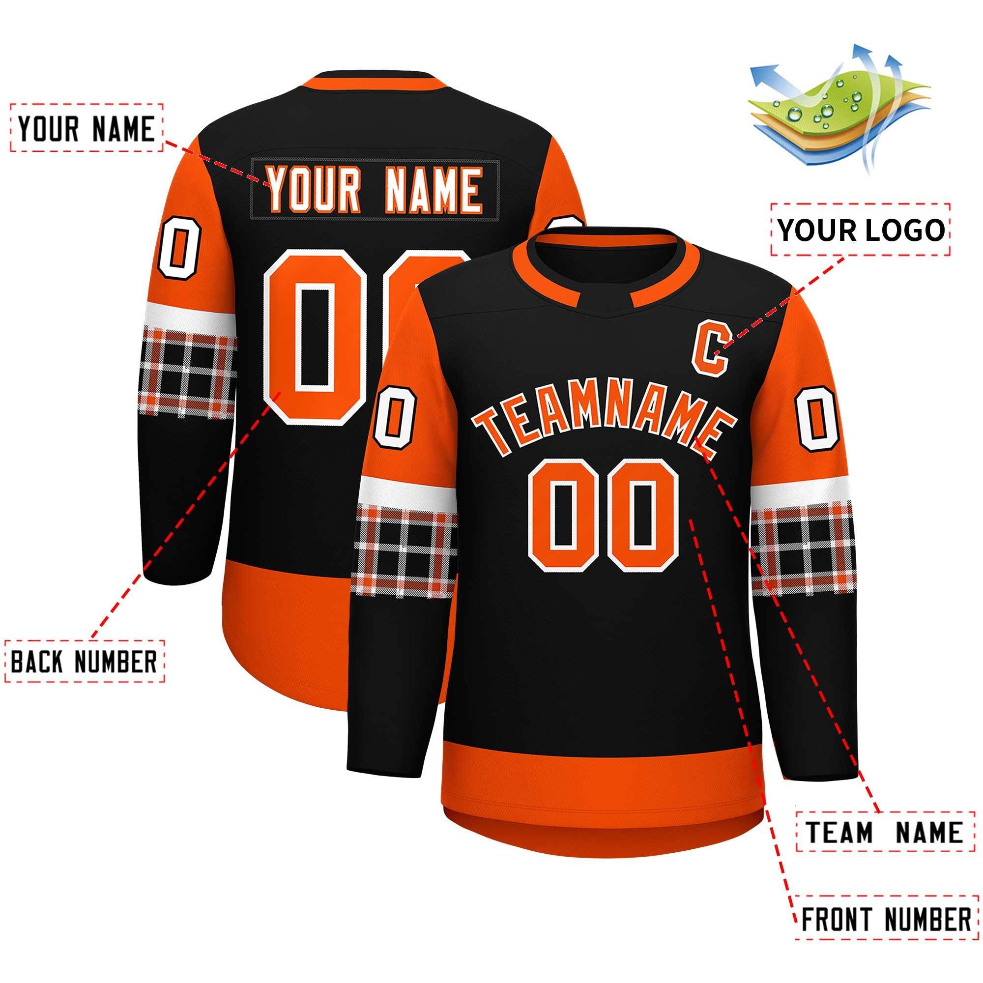 Custom Black Orange Personalized Raglan Sleeves Round-Neck Hockey Jersey | KXKSHOP