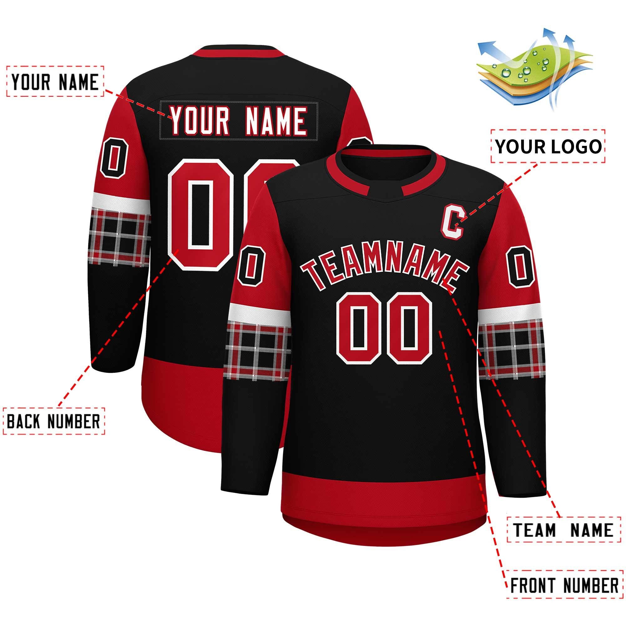 Custom Black Red Personalized Raglan Sleeves Round-Neck Hockey Jersey | KXKSHOP