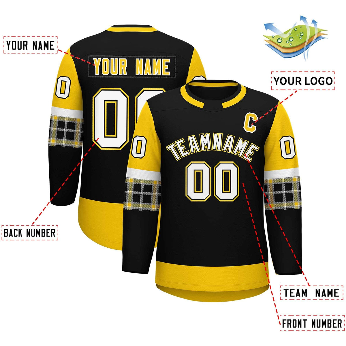 Custom Black Gold Personalized Raglan Sleeves Round-Neck Hockey Jersey | KXKSHOP