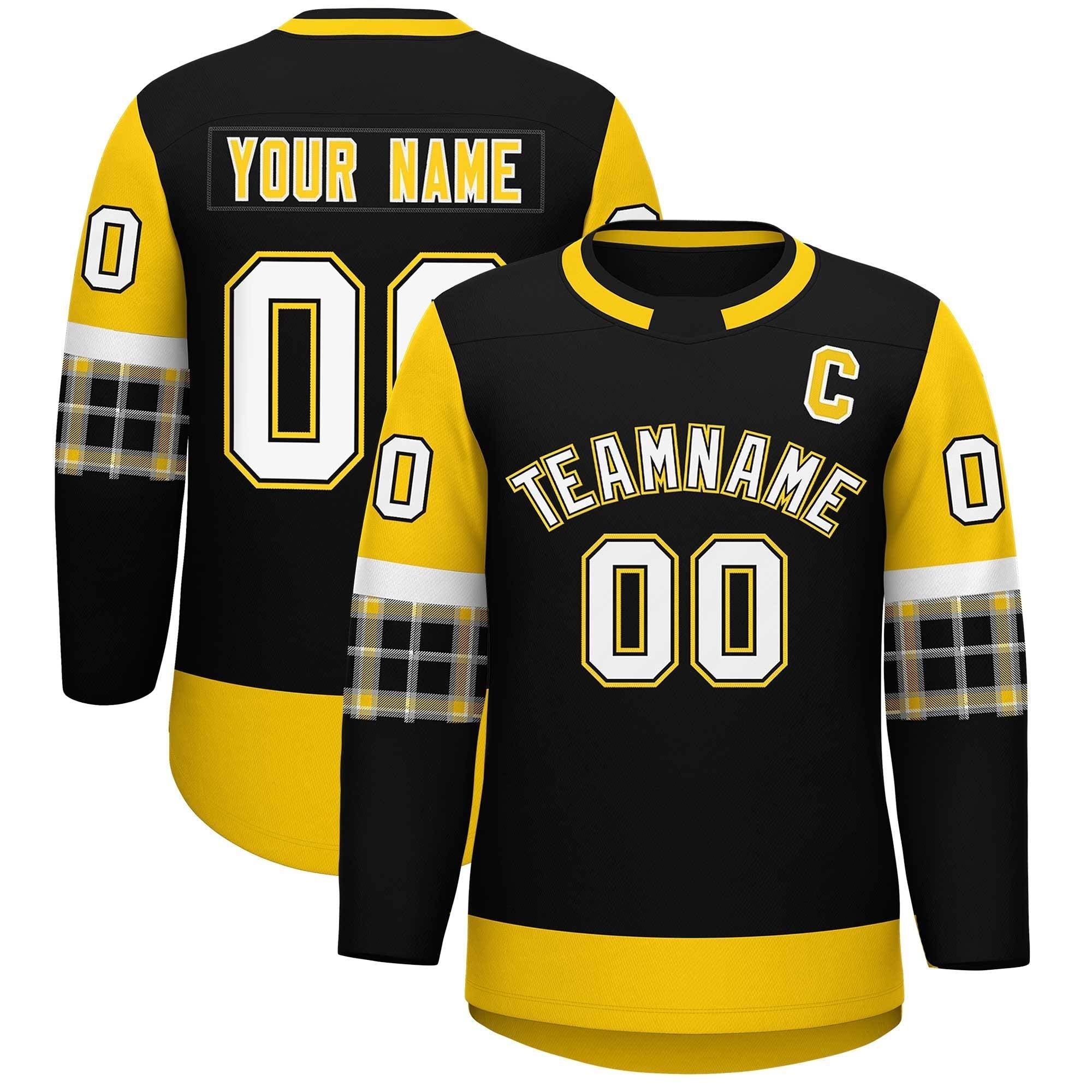 Custom Black Gold Personalized Raglan Sleeves Round-Neck Hockey Jersey | KXKSHOP