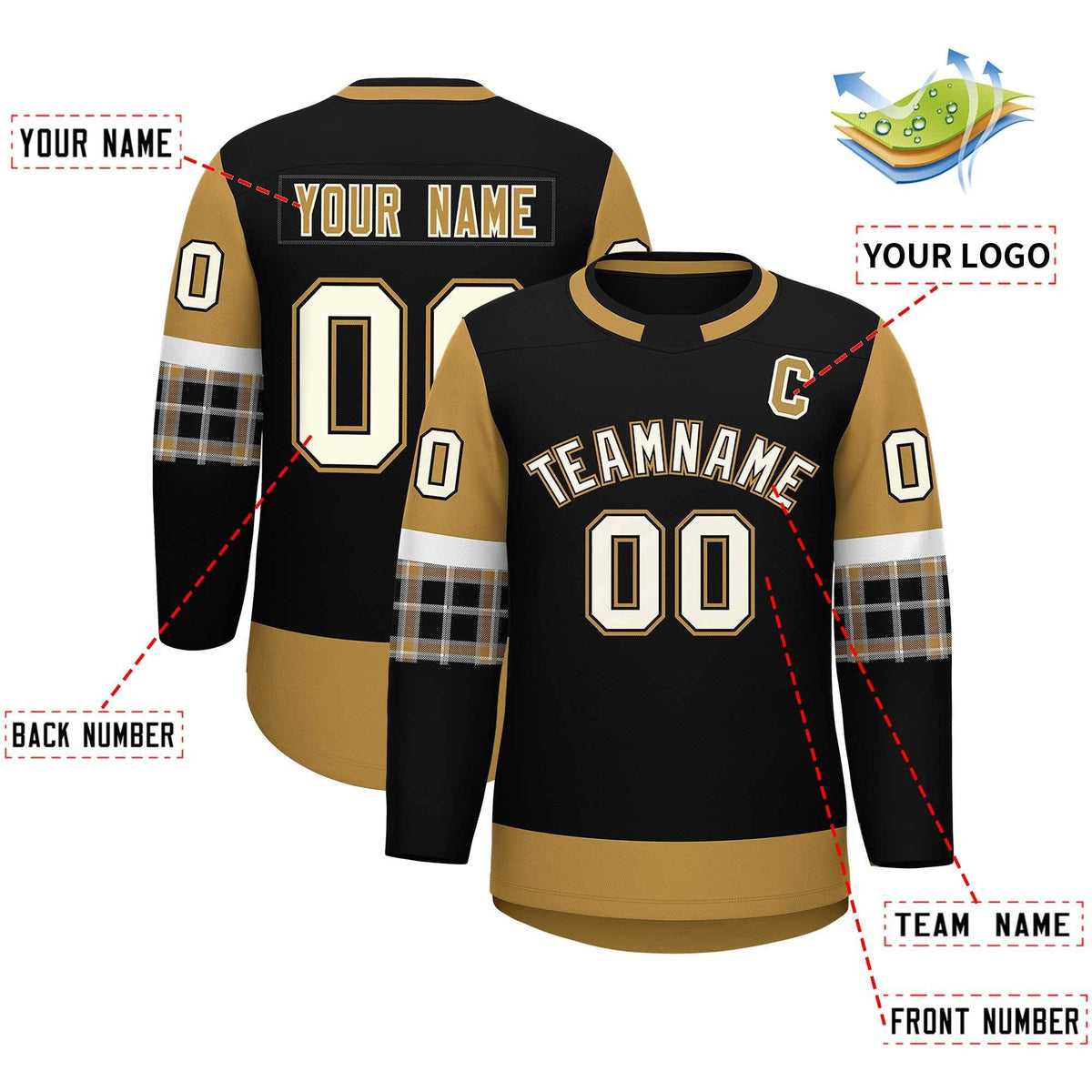 Custom Black Old Gold Personalized Raglan Sleeves Round-Neck Hockey Jersey | KXKSHOP