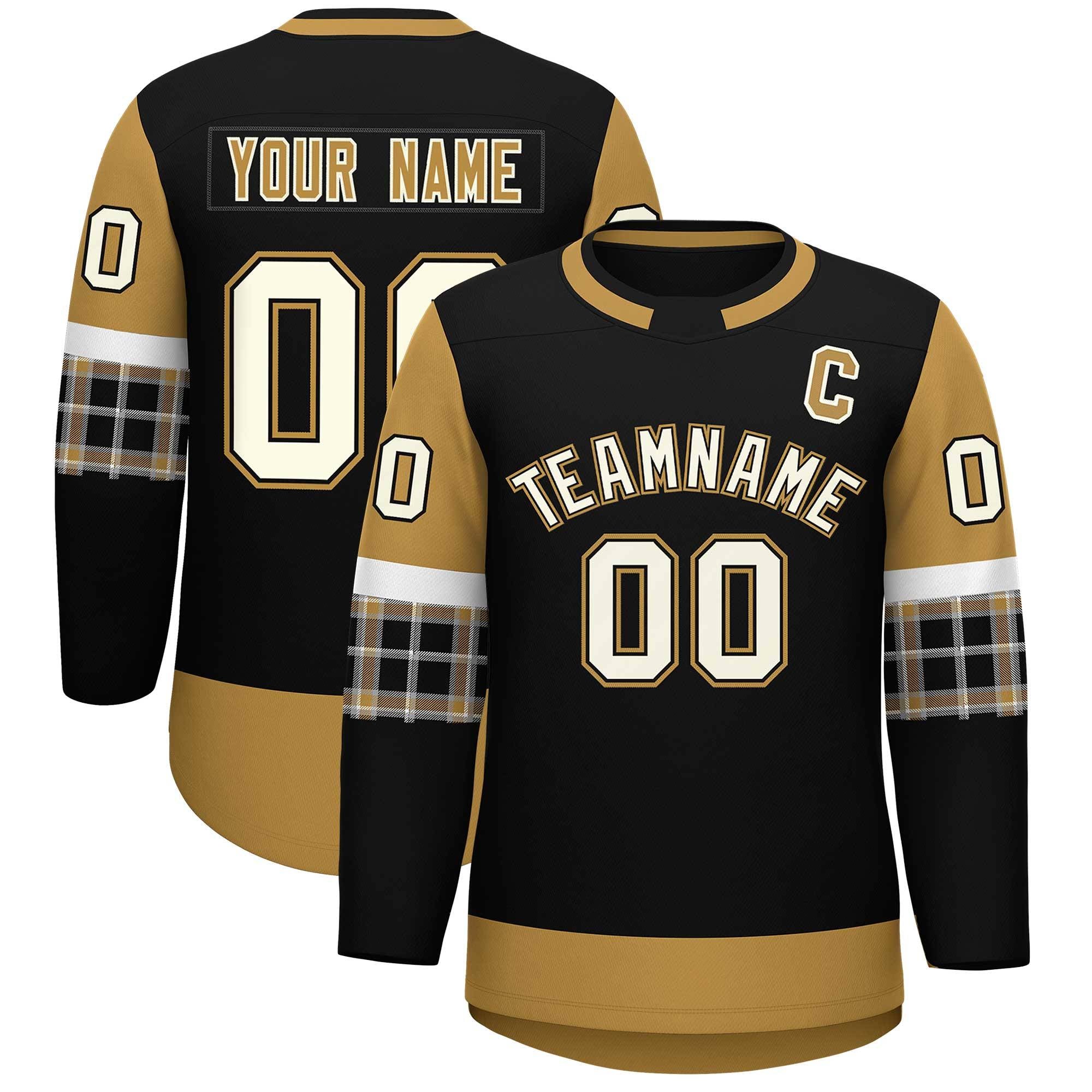 Custom Black Old Gold Personalized Raglan Sleeves Round-Neck Hockey Jersey | KXKSHOP