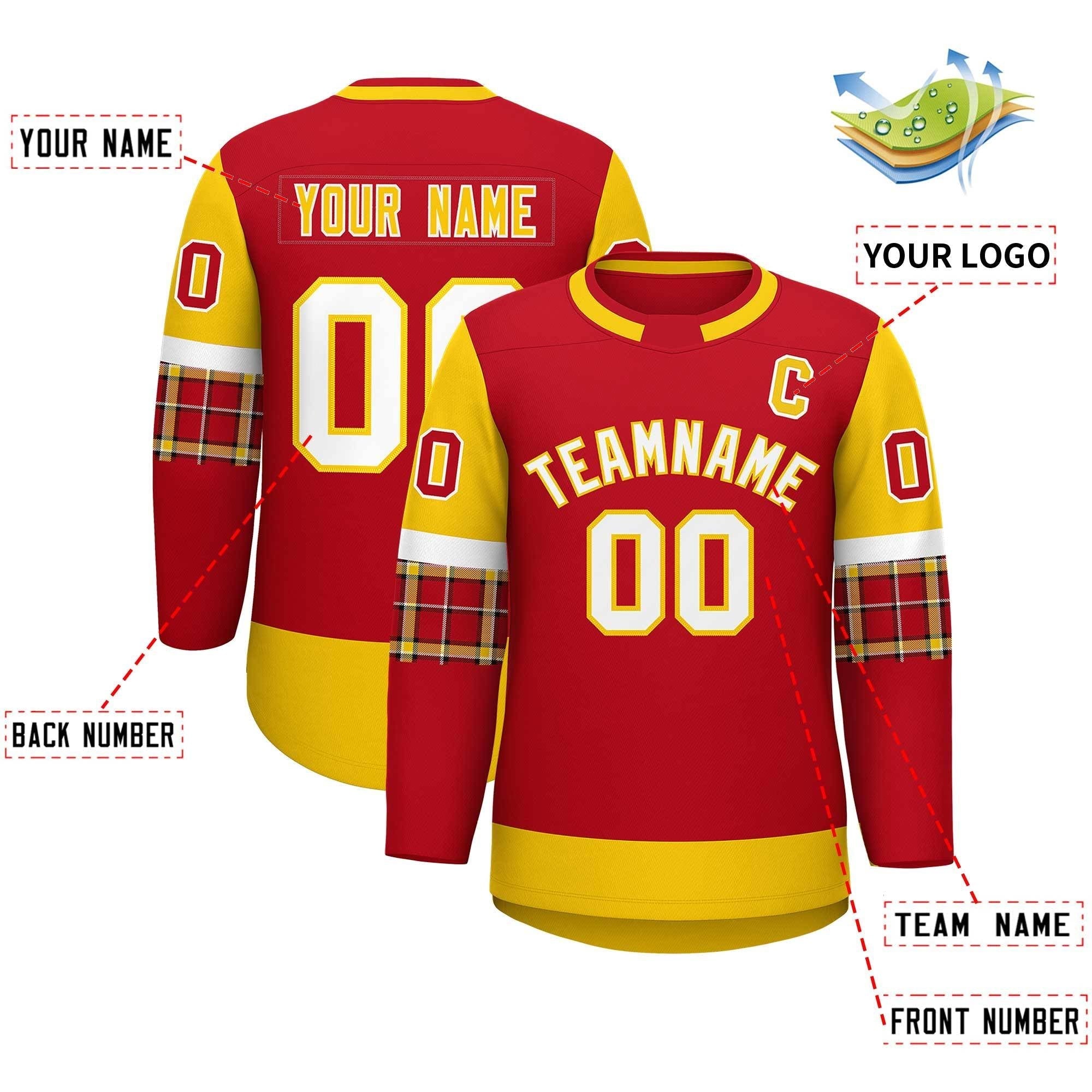 Custom Red Gold Personalized Raglan Sleeves Round-Neck Hockey Jersey | KXKSHOP