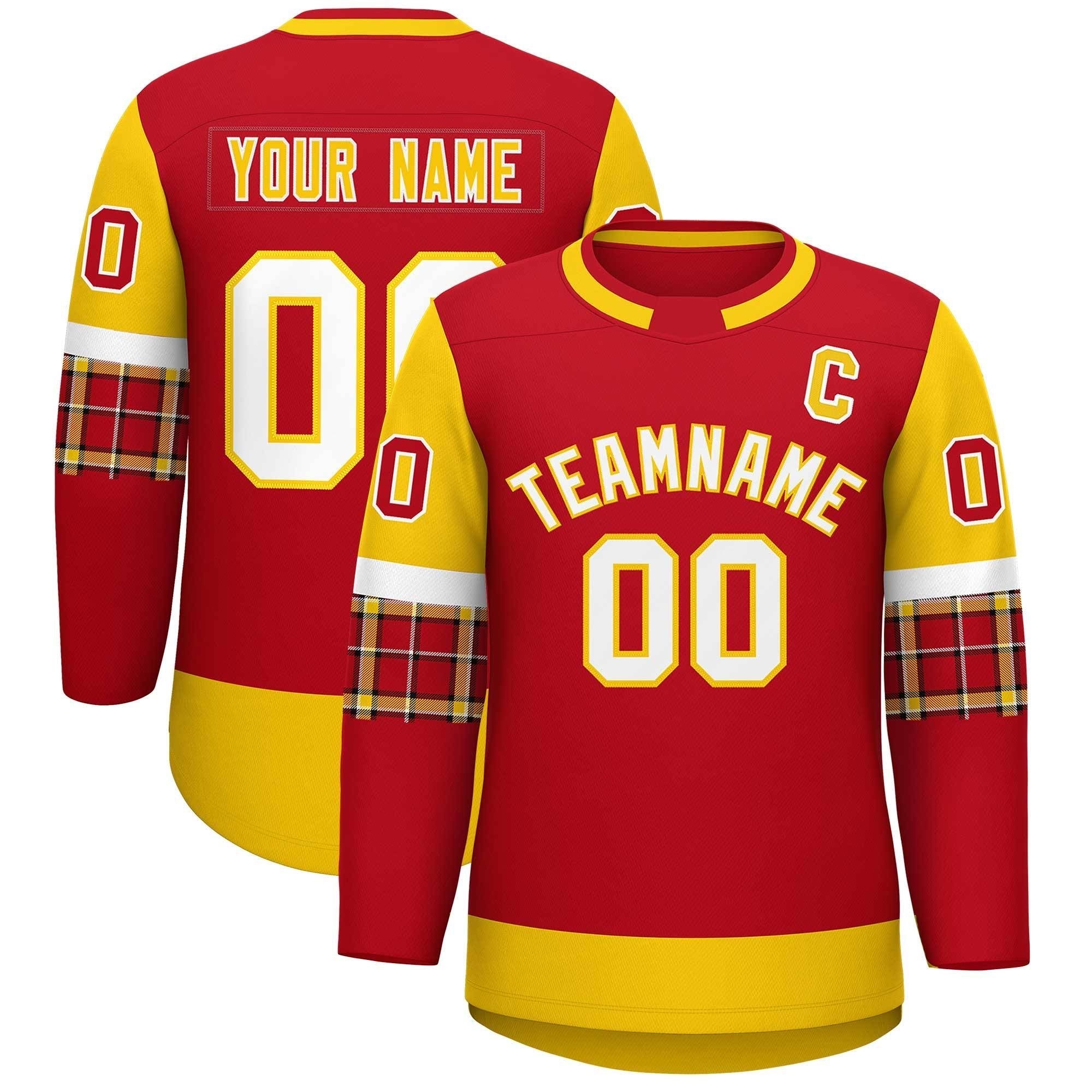 Custom Red Gold Personalized Raglan Sleeves Round-Neck Hockey Jersey | KXKSHOP