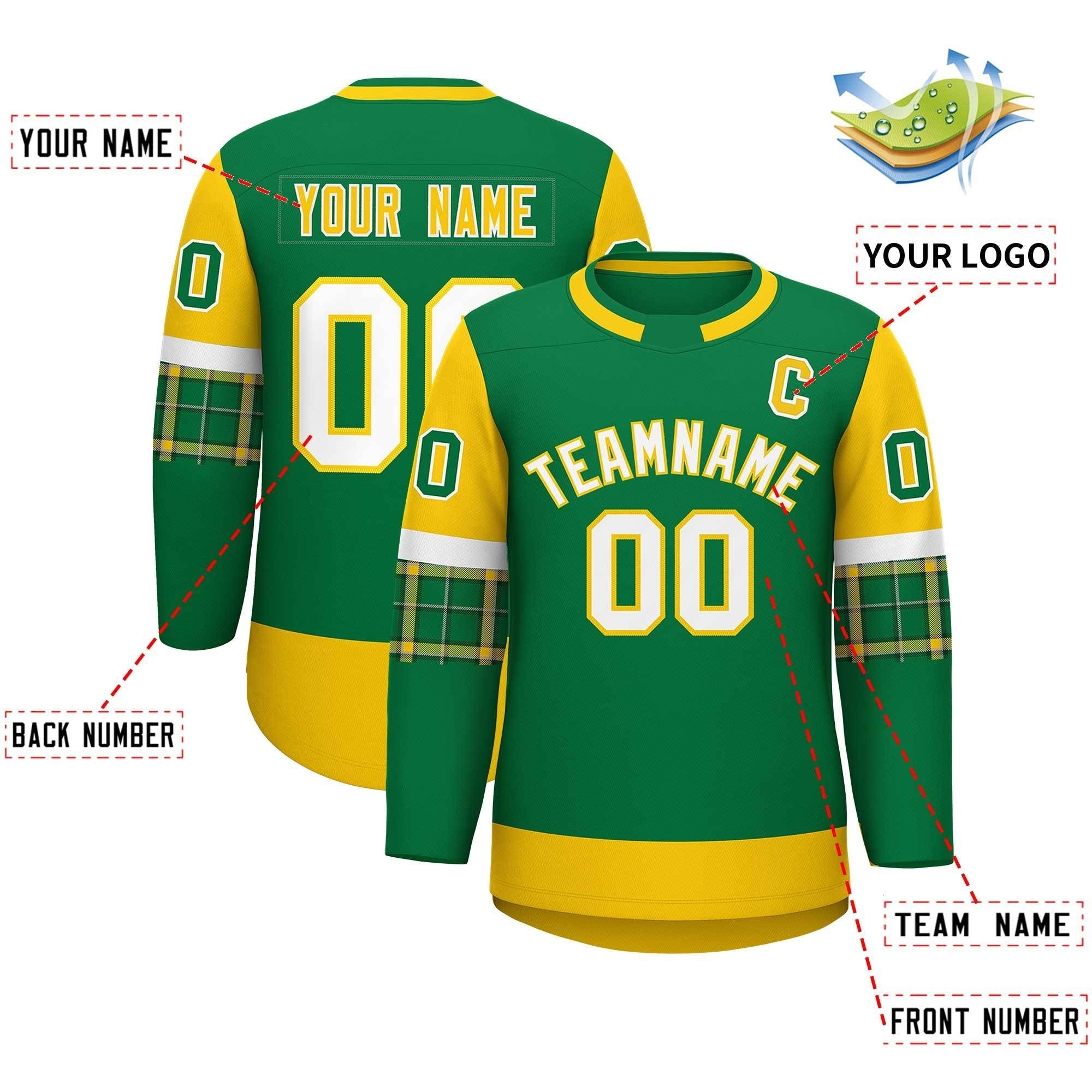 Custom Kelly Green Gold Personalized Raglan Sleeves Round-Neck Hockey Jersey | KXKSHOP