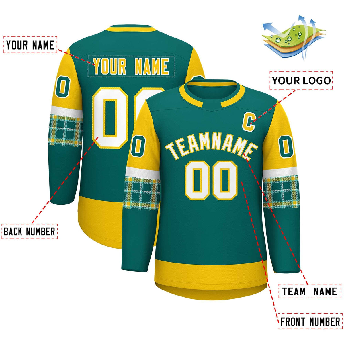 Custom Aqua Gold Personalized Raglan Sleeves Round-Neck Hockey Jersey | KXKSHOP