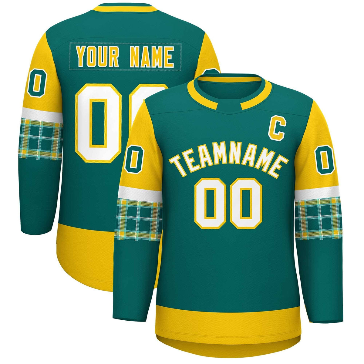Custom Aqua Gold Personalized Raglan Sleeves Round-Neck Hockey Jersey | KXKSHOP