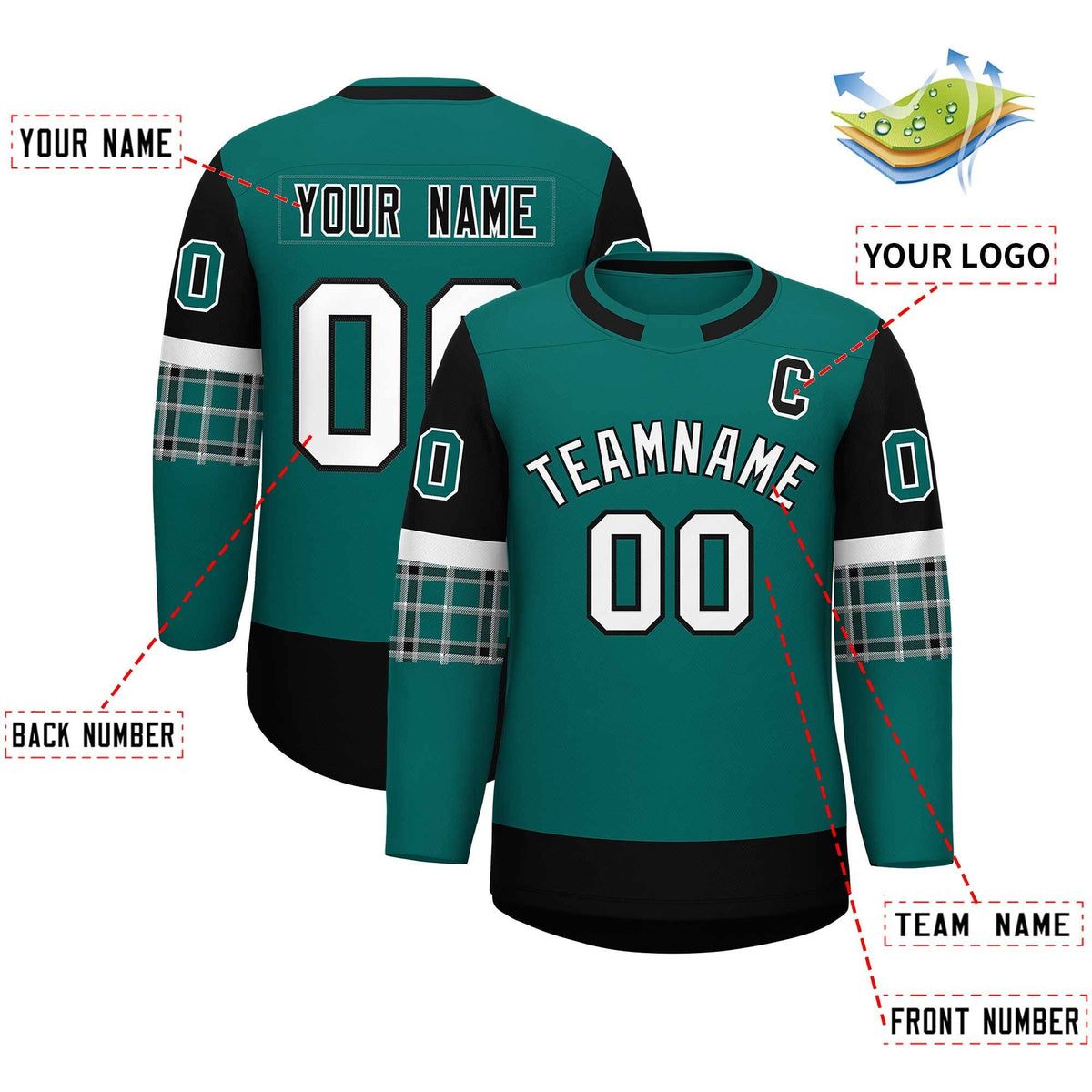 Custom Aqua Black Personalized Raglan Sleeves Round-Neck Hockey Jersey | KXKSHOP
