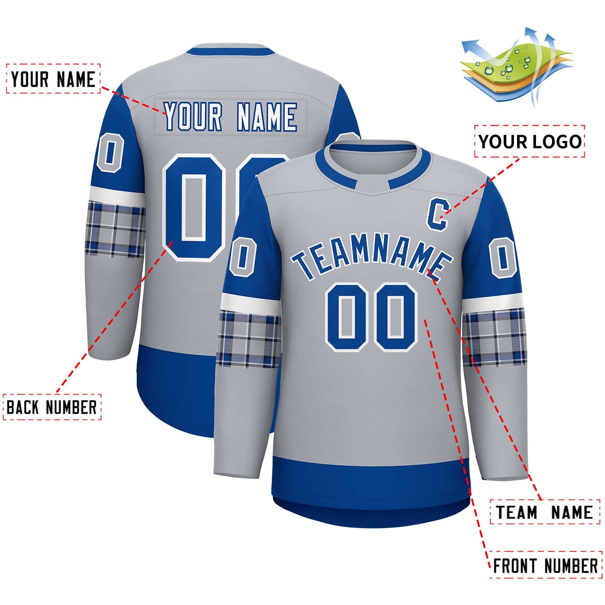 Custom Gray Royal Personalized Raglan Sleeves Round-Neck Hockey Jersey | KXKSHOP