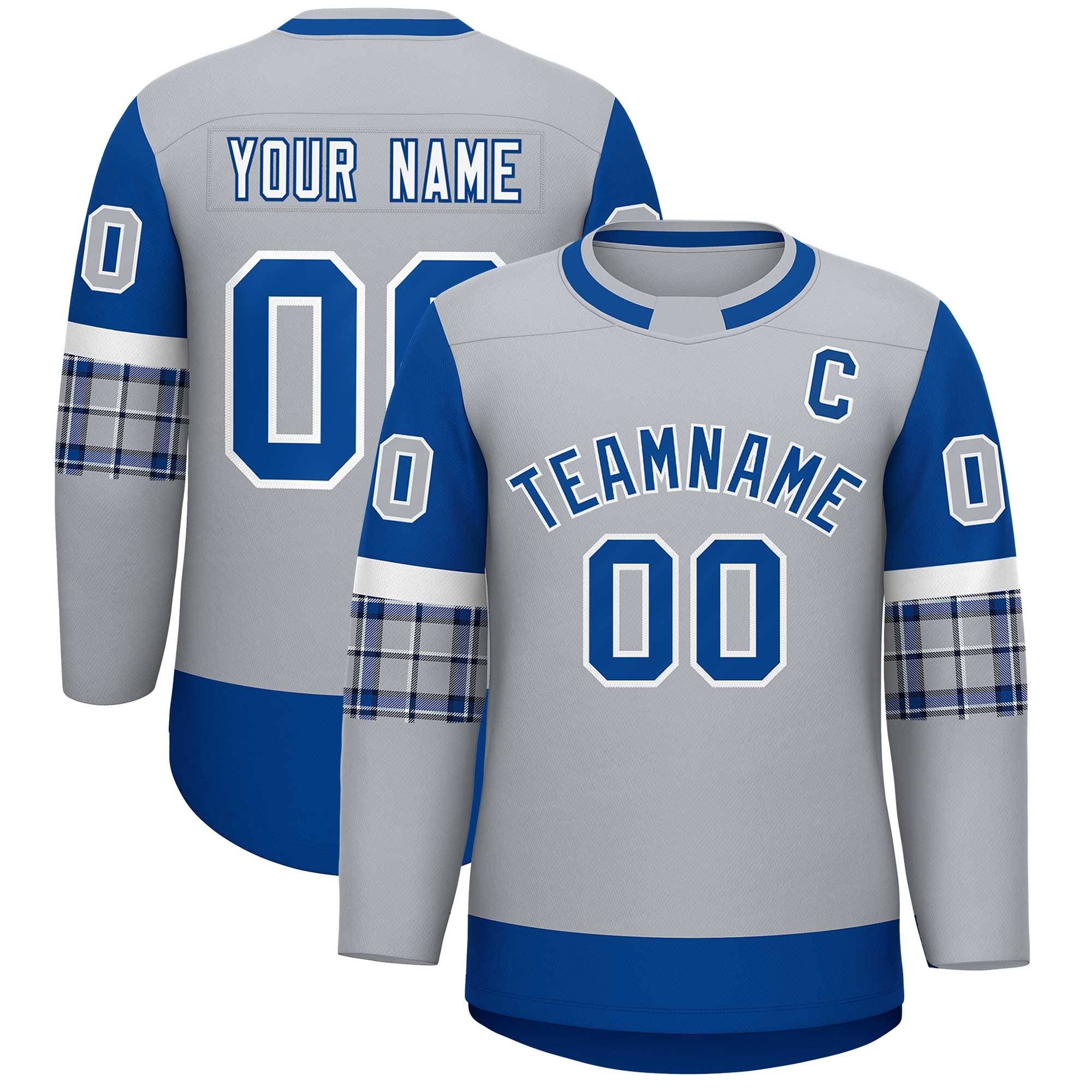 Custom Gray Royal Personalized Raglan Sleeves Round-Neck Hockey Jersey | KXKSHOP