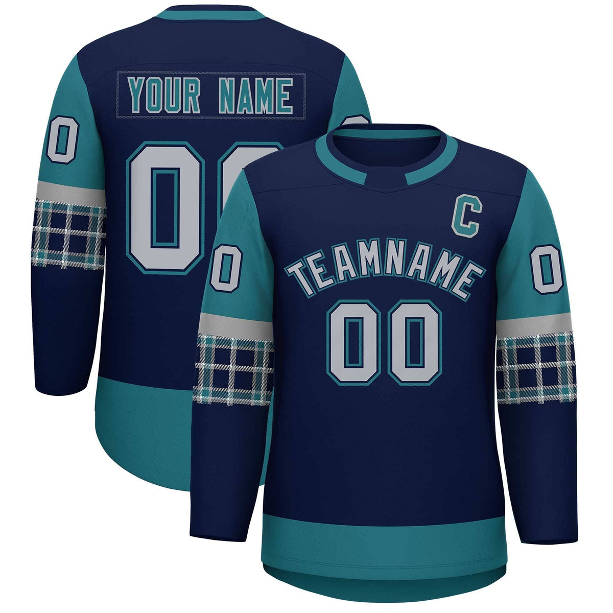 Custom Navy Aqua Personalized Raglan Sleeves Round-Neck Hockey Jersey | KXKSHOP