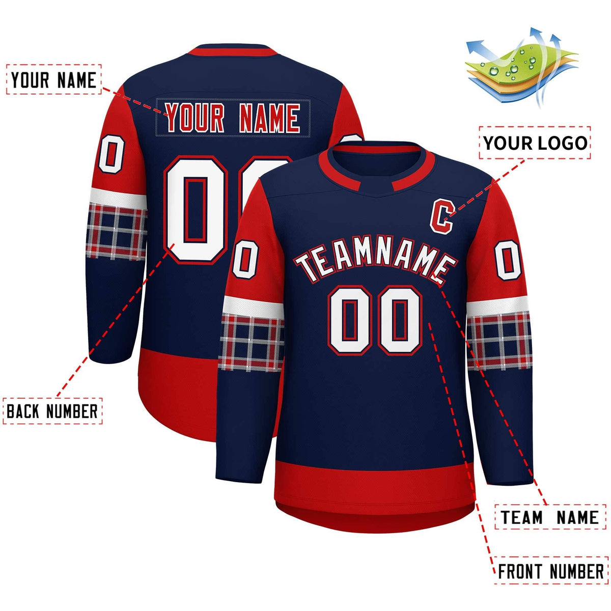 Custom Navy Red Personalized Raglan Sleeves Round-Neck Hockey Jersey | KXKSHOP