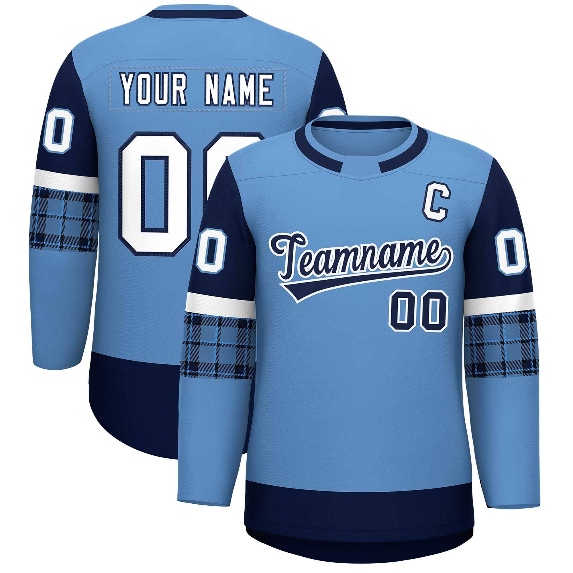 Custom Light Blue Navy Personalized Raglan Sleeves Round-Neck Hockey Jersey | KXKSHOP