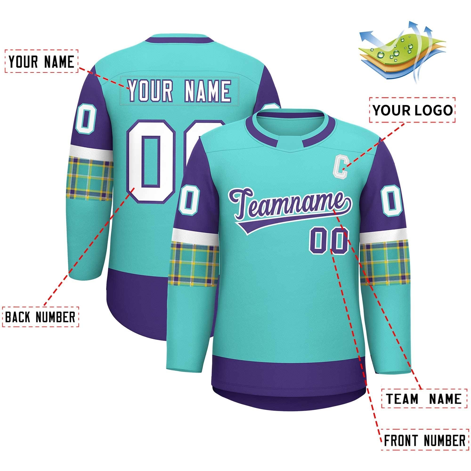 Custom Bright Green Purple Personalized Raglan Sleeves Round-Neck Hockey Jersey | KXKSHOP