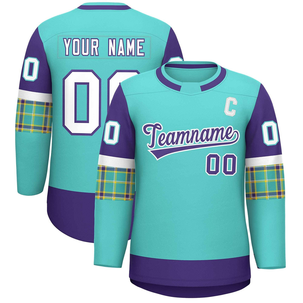 Custom Bright Green Purple Personalized Raglan Sleeves Round-Neck Hockey Jersey | KXKSHOP