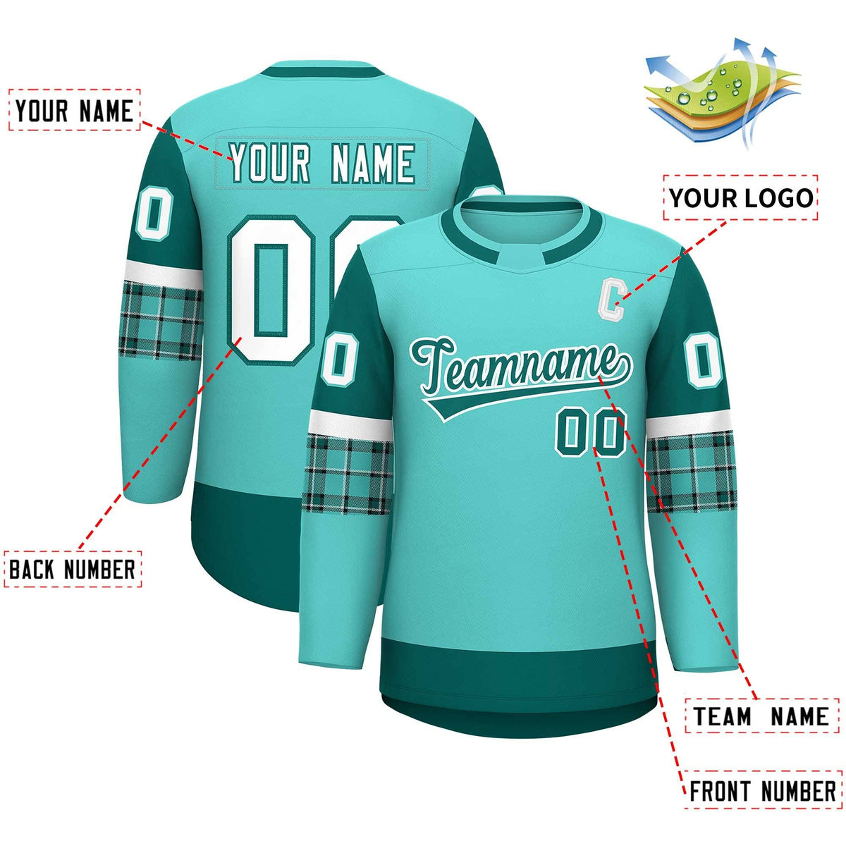 Custom Bright Green Aqua Personalized Raglan Sleeves Round-Neck Hockey Jersey | KXKSHOP