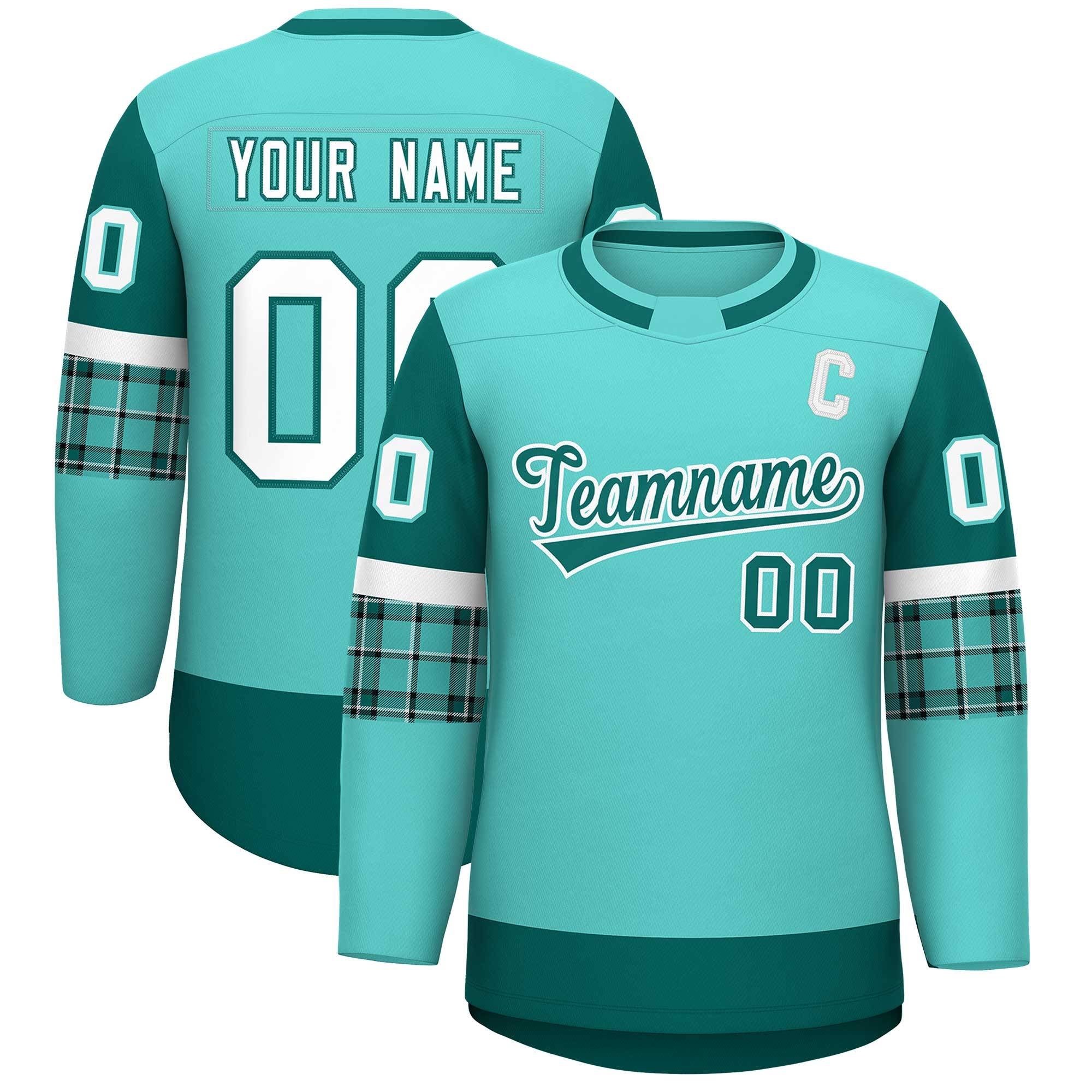Custom Bright Green Aqua Personalized Raglan Sleeves Round-Neck Hockey Jersey | KXKSHOP