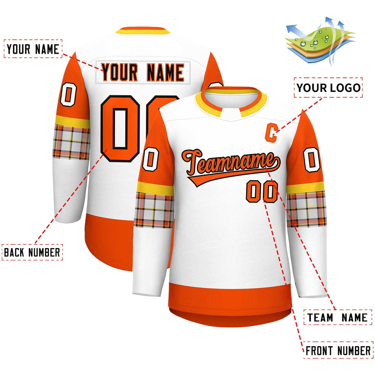 Custom White Orange Personalized Raglan Sleeves Round-Neck Hockey Jersey | KXKSHOP