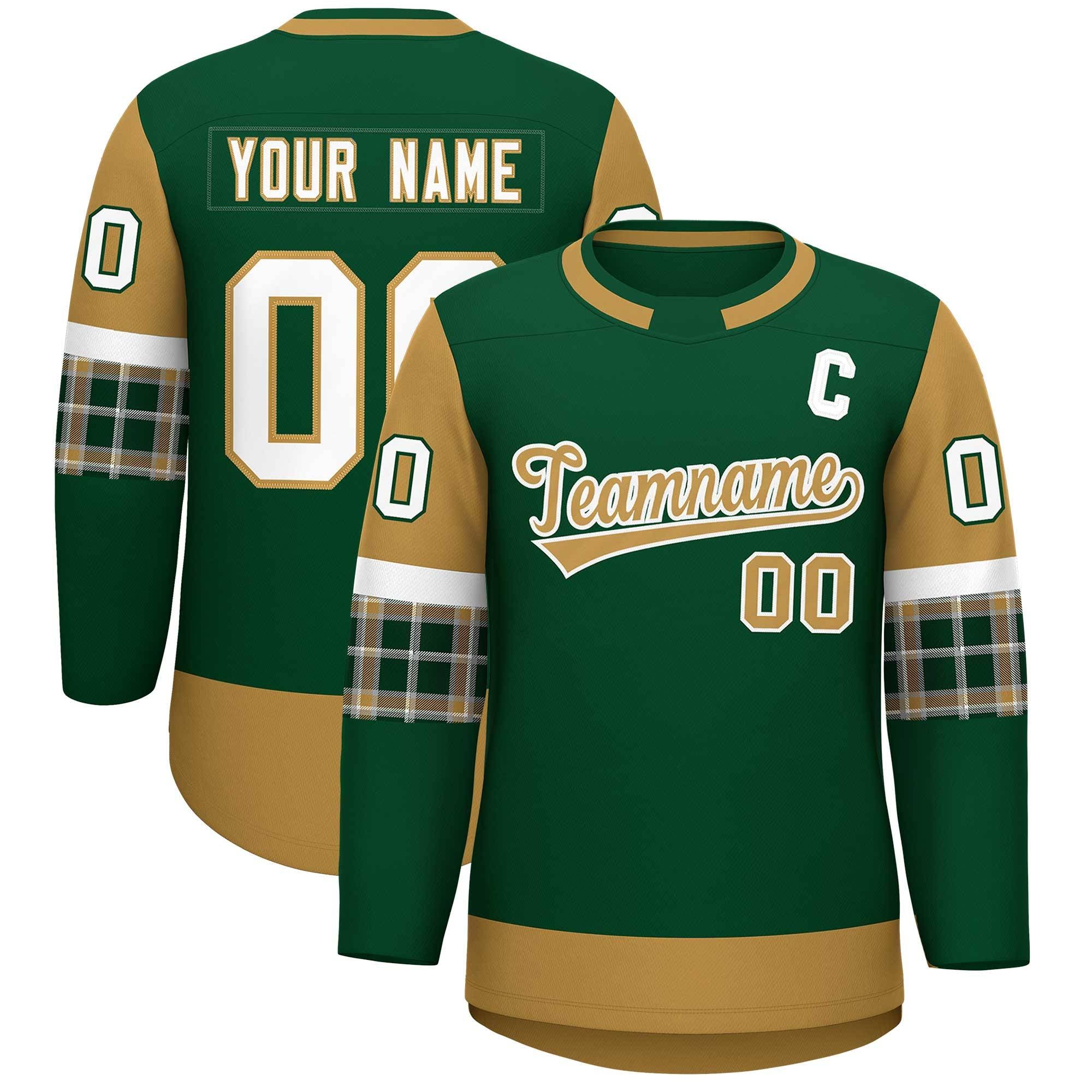 Custom Green Old Gold Personalized Raglan Sleeves Round-Neck Hockey Jersey | KXKSHOP